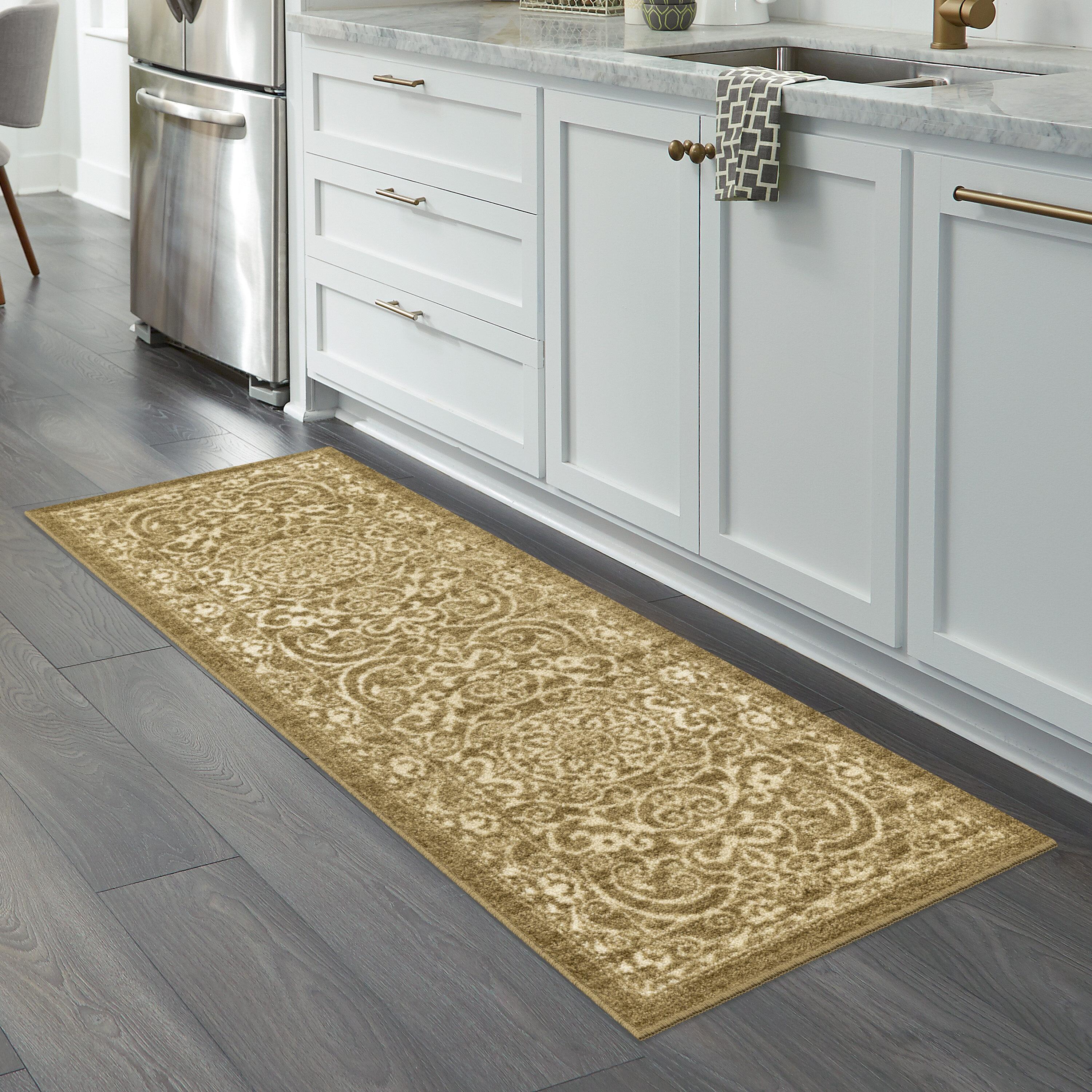 Maples Rugs Pelham Transitional Vintage Scroll Khaki Washable Hallway Runner Rug, 2' x 6'