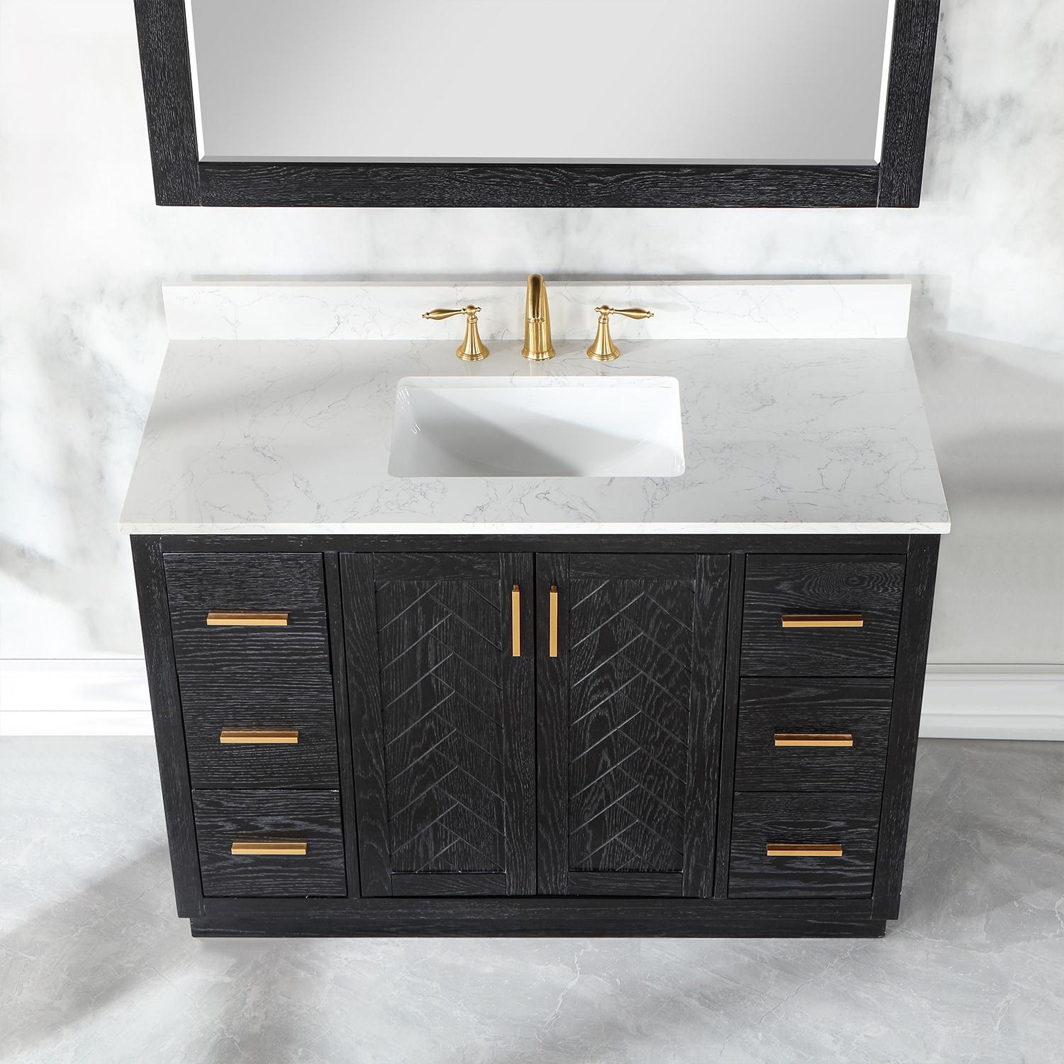 Gazsi 48" Single Bathroom Vanity Set in Black Oak with Grain White Composite Stone Countertop without Mirror