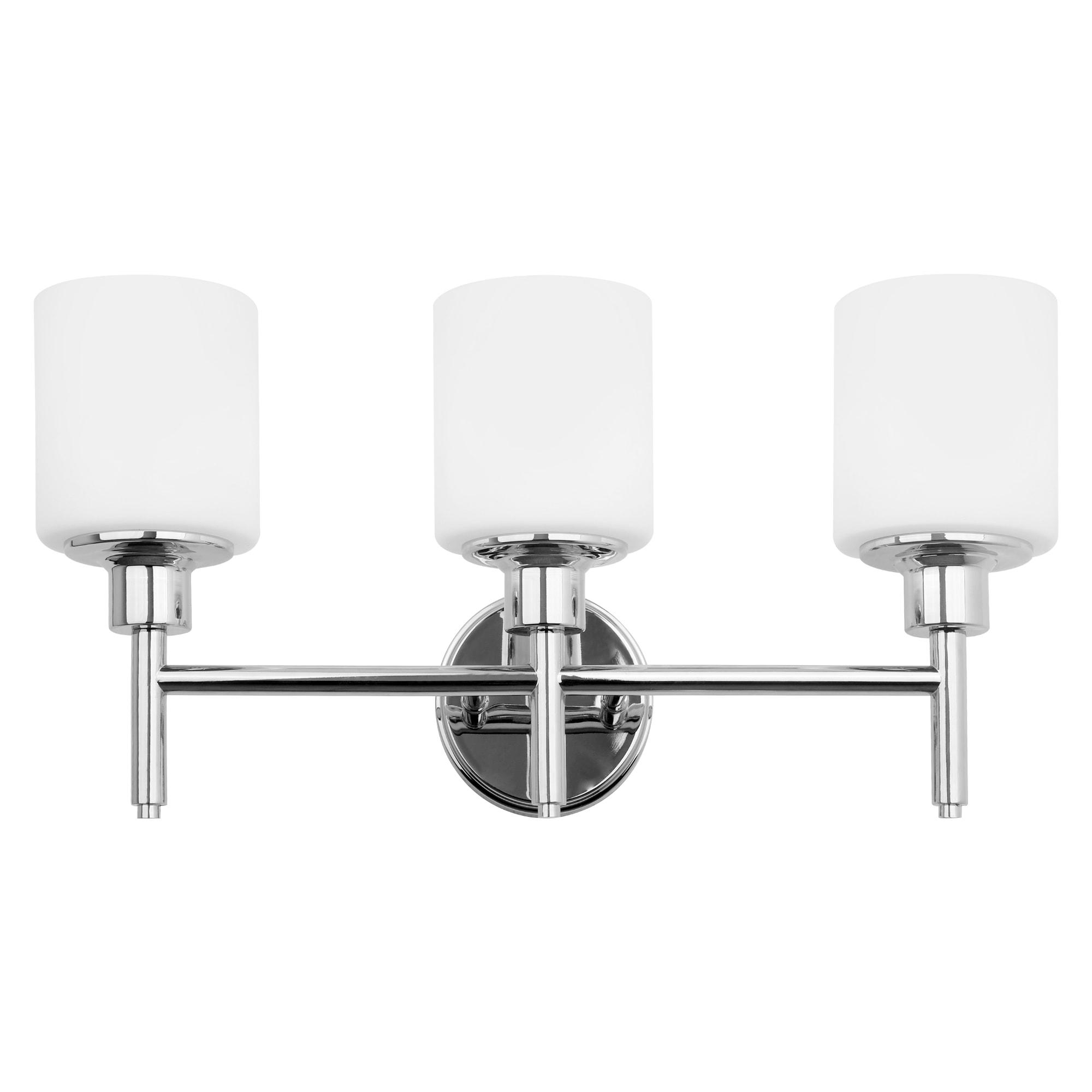 Aubrey Transitional 3-Light Indoor Bathroom Vanity Light – Above the Mirror, Dimmable, Damp Listed – Frosted Glass and Polished Chrome – Design House, 589770