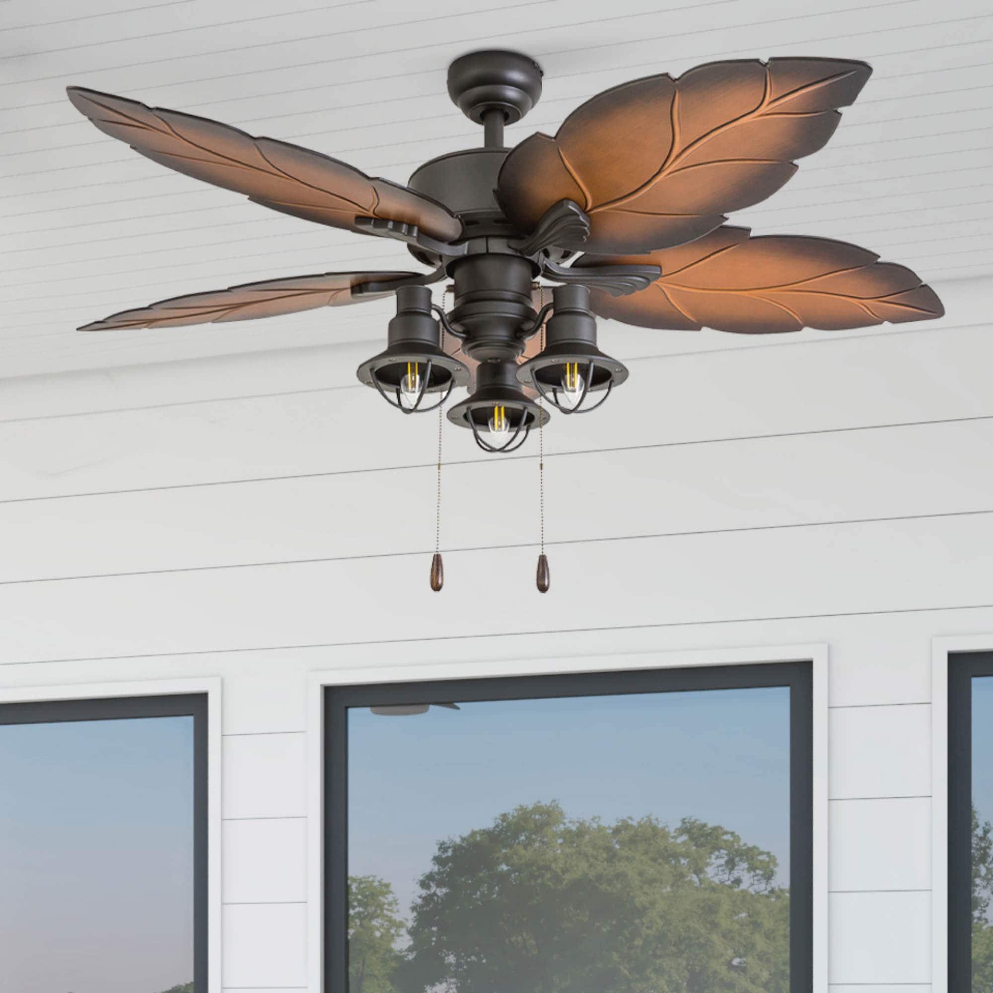 52" Bronze Tropical Ceiling Fan with Palm Leaf Blades and LED Light