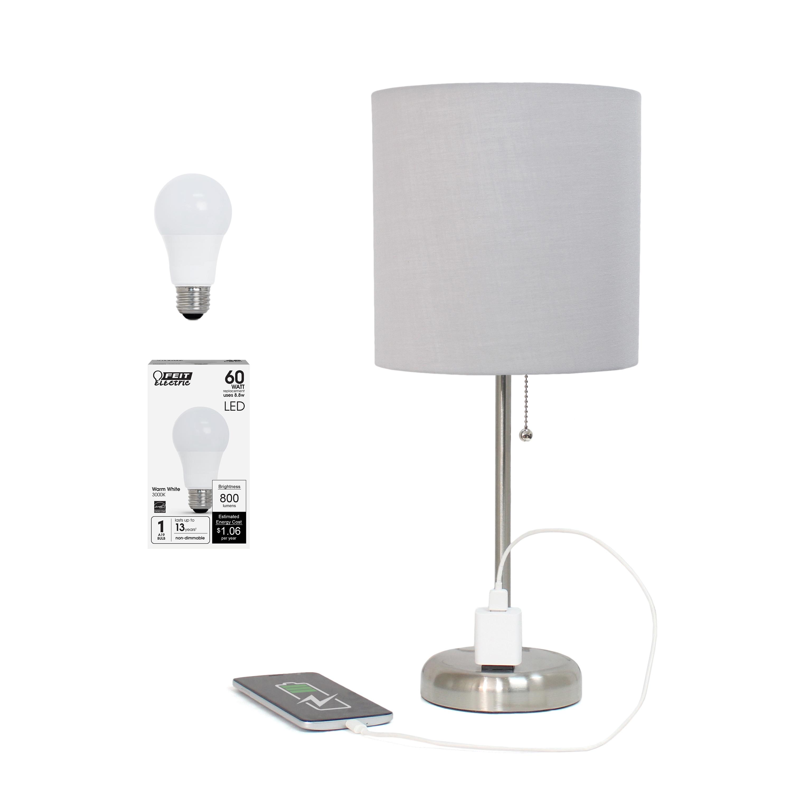 Creekwood Home Oslo 19.5" Power Outlet Base Metal Table Desk Lamp in Brushed Steel with Feit LED (Includes LED Light Bulb) Gray