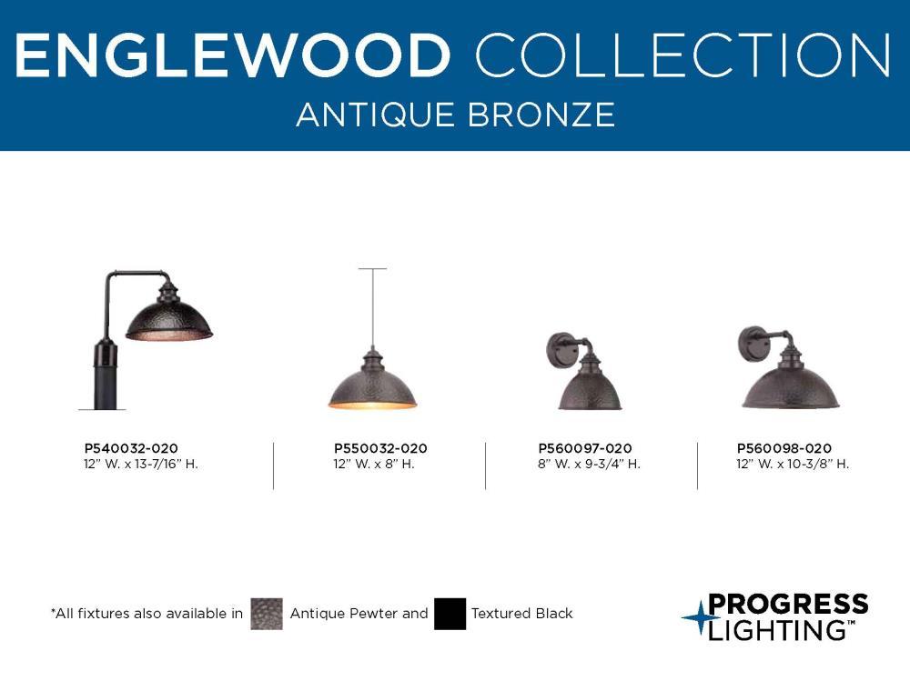 Progress Lighting Englewood 1-Light Hanging Lantern Pendant, Antique Bronze, Metallic Copper Coated Shade, Damp Rated