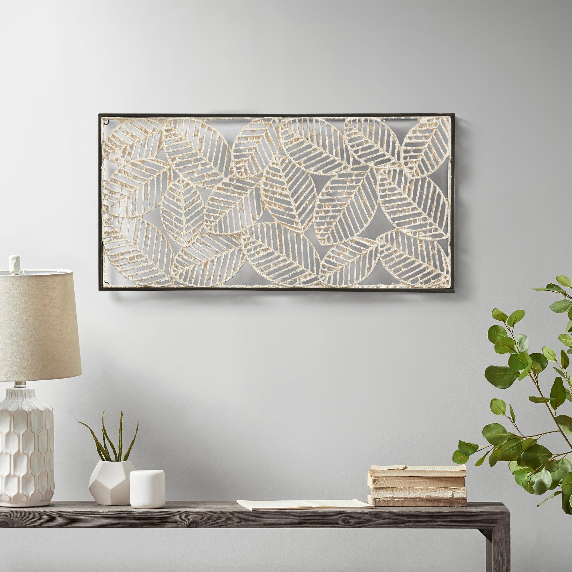 32" x 16" Paper Cloaked Leaves Unframed Wall Decor Natural: Madison Park Etched Botanical Artwork, Molded Hanger
