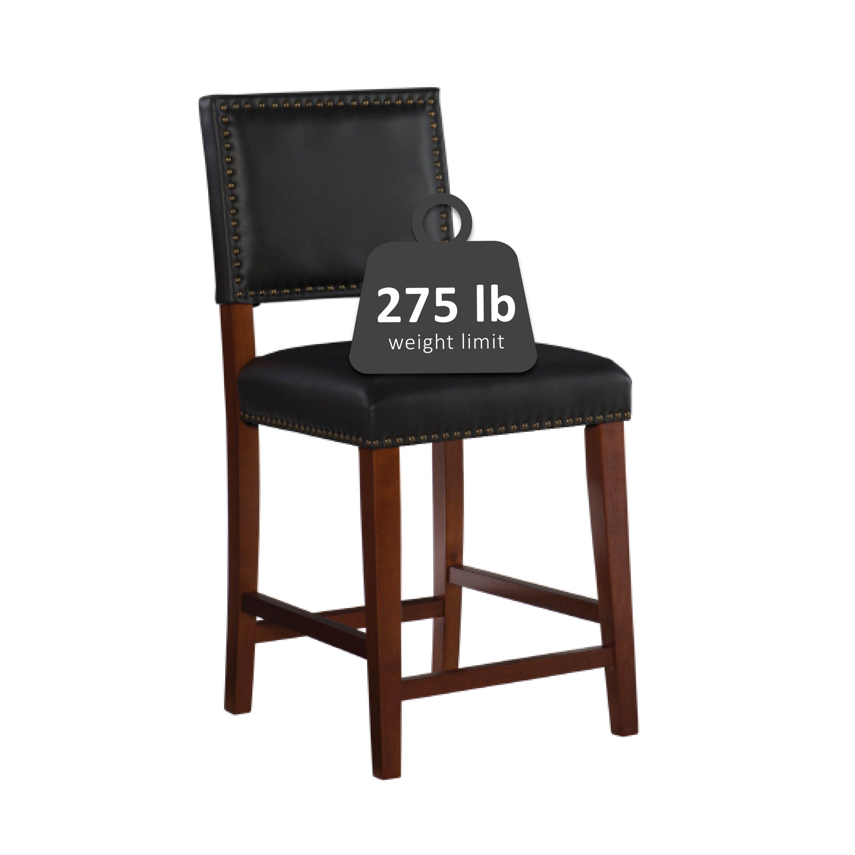 24" Brook Padded Back Faux Leather Nailhead Counter Height Barstool Black - Linon: Cherry-Stained Legs, Footrails