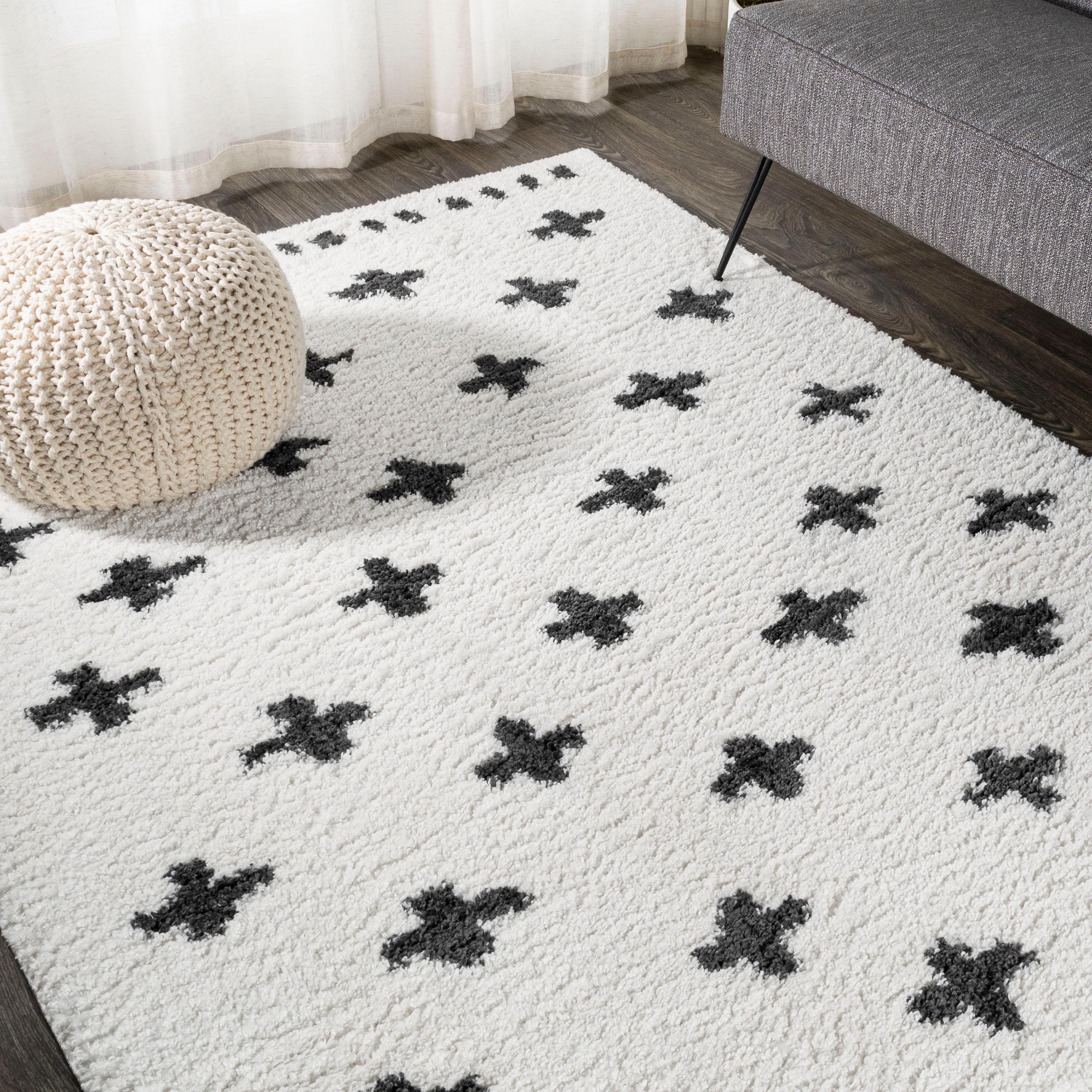 3'x5' Cristo Berber Geometric Shag Area Rug, White/Black - JONATHAN Y