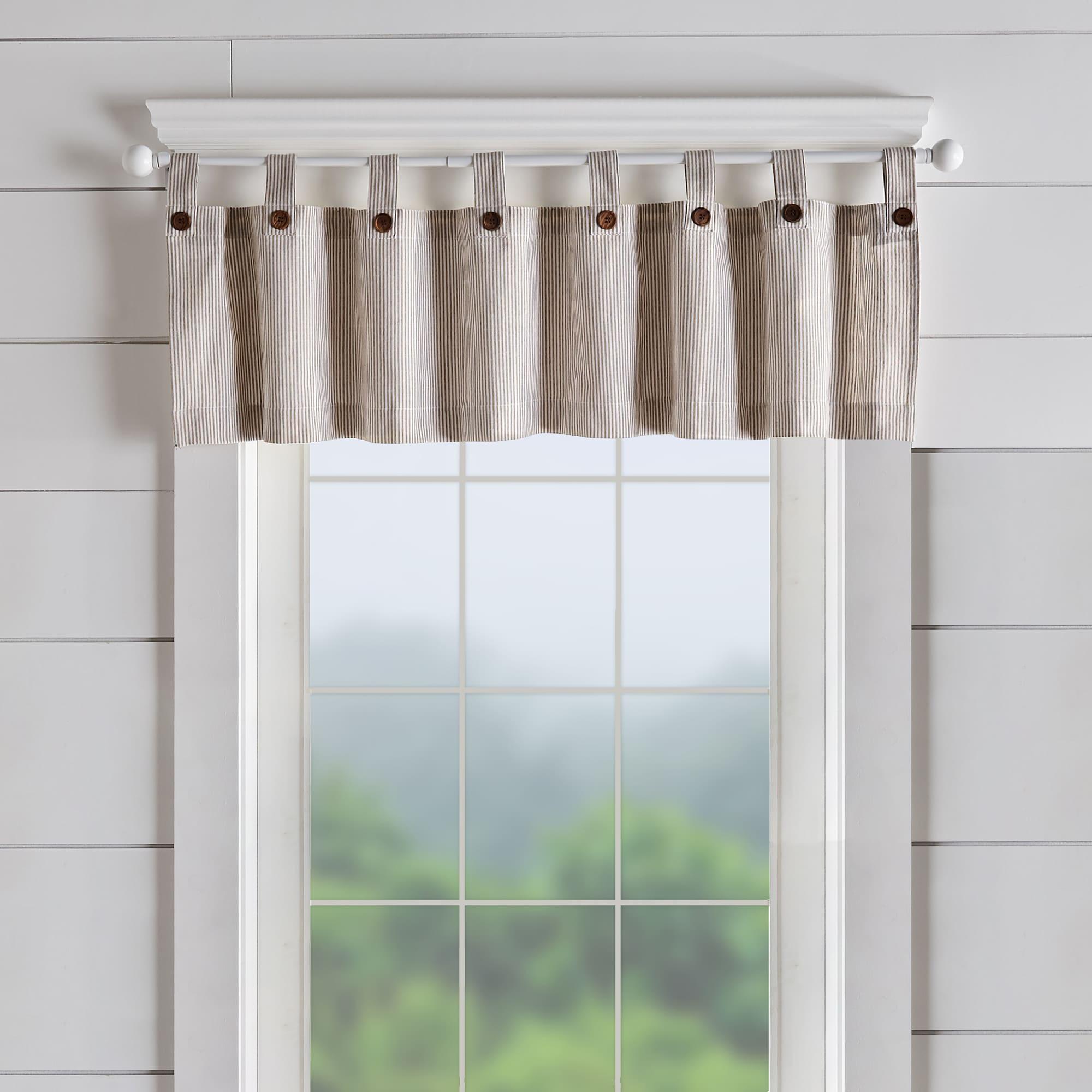 Tucker Ticking Stripe Button Tab Top Window Kitchen Valance - 60" x 15" - Linen - Elrene Home Fashions