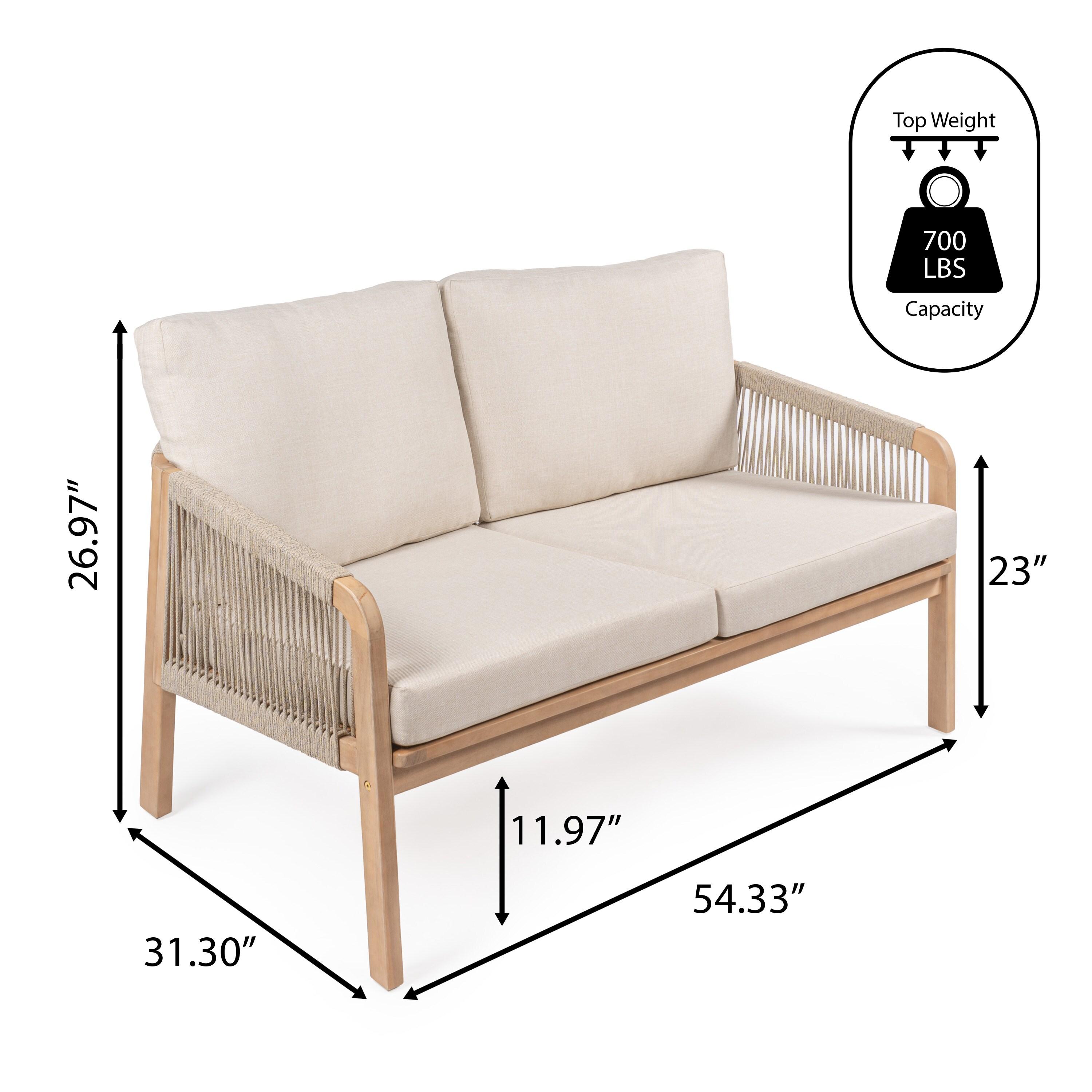 Arwen Modern Bohemian Roped Acacia Wood Outdoor Loveseat with Cushions, Beige/Light Teak - JONATHAN Y