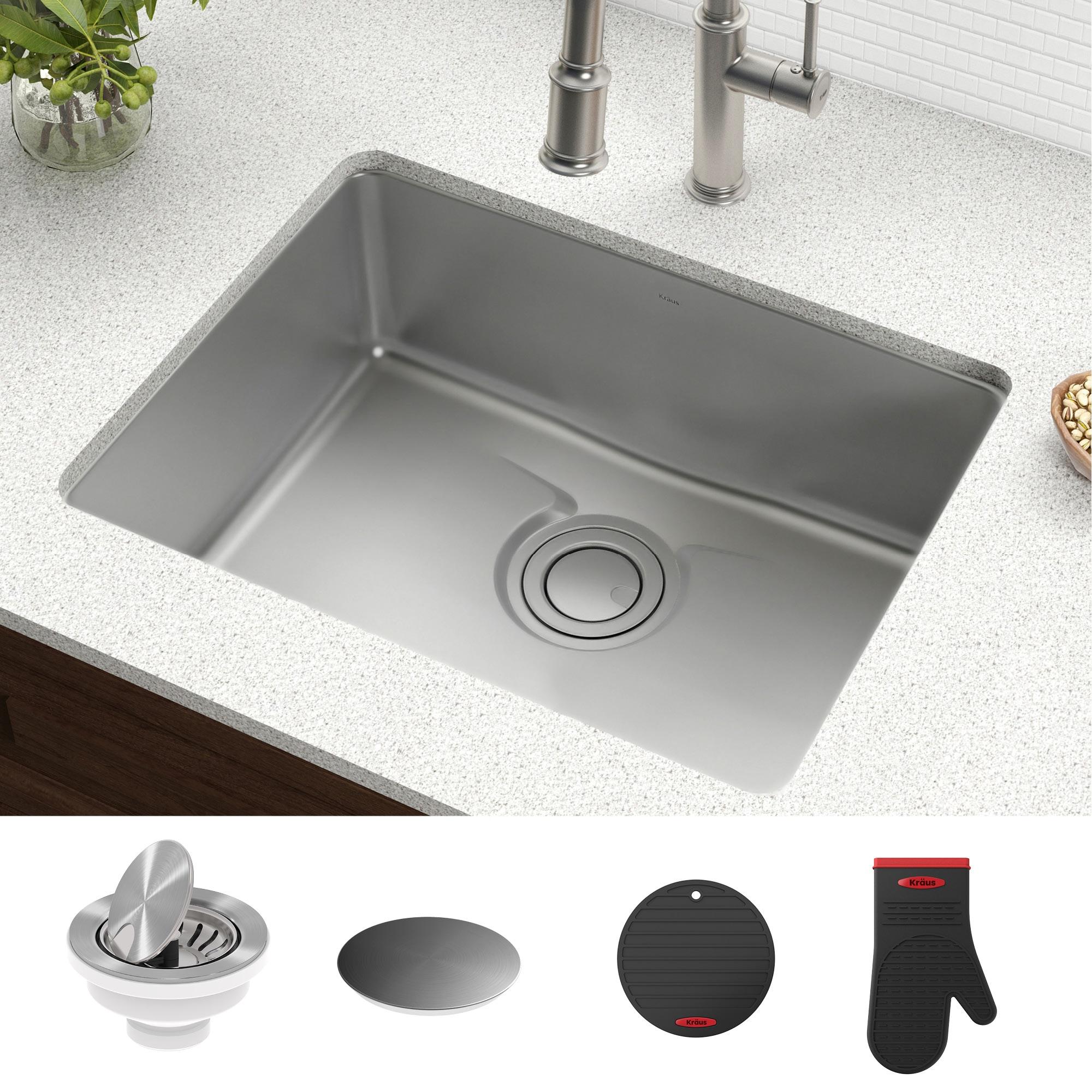 Dex™️ Series KRAUS 25-inch L Undermount Single Bowl TRU16 Gauge Stainless Steel Kitchen Sink with DrainAssure WaterWay