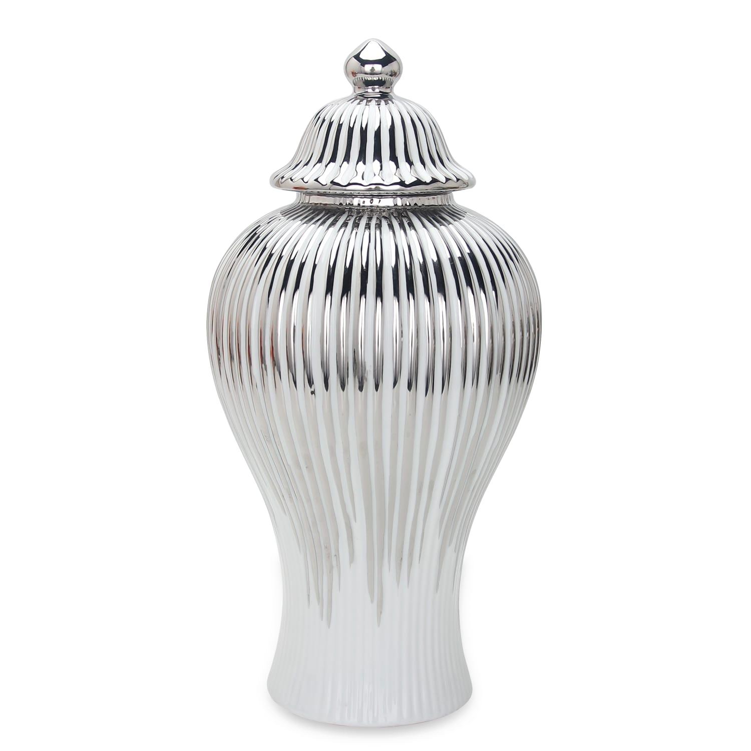 Beloved Ceramic White and Silver Ginger Jar Vase with Lid