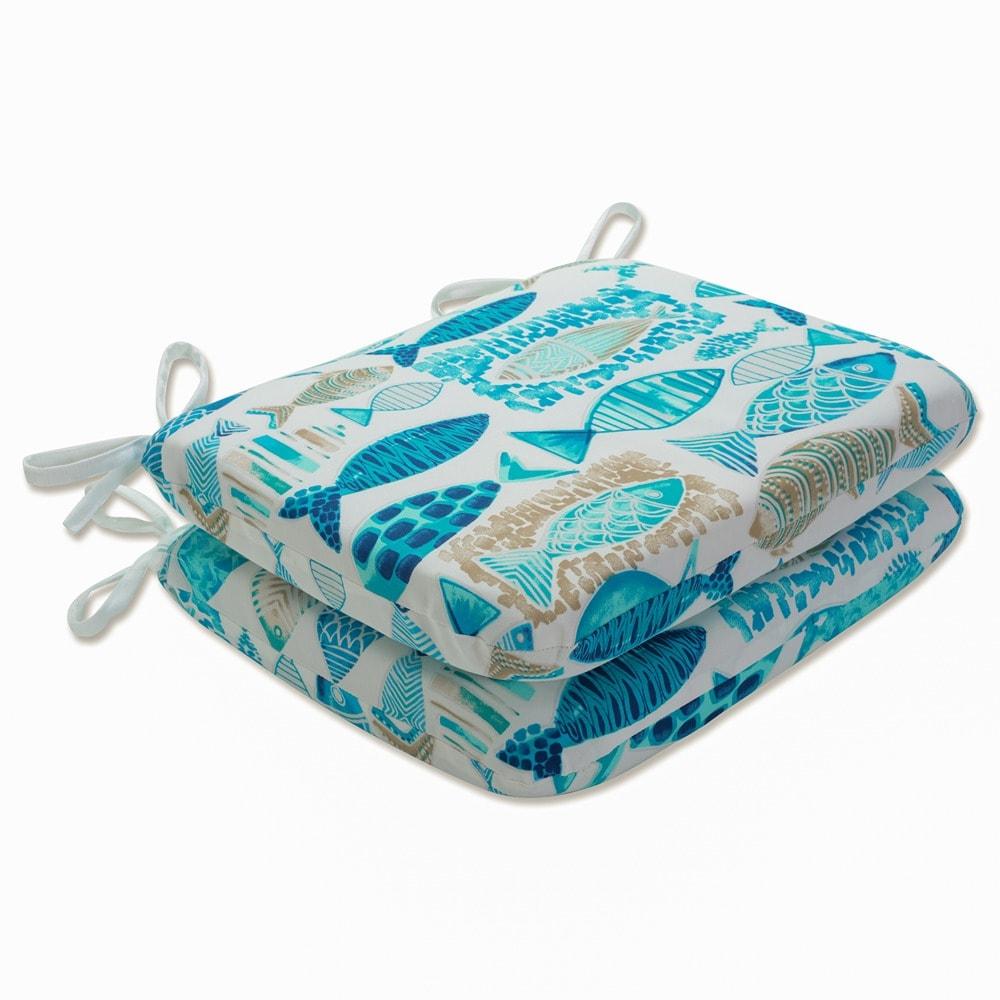 15.5"x18.5" Hooked Nautical 2pc Outdoor Seat Cushion Set Blue - Pillow Perfect: Weather-Resistant, Fade-Resistant