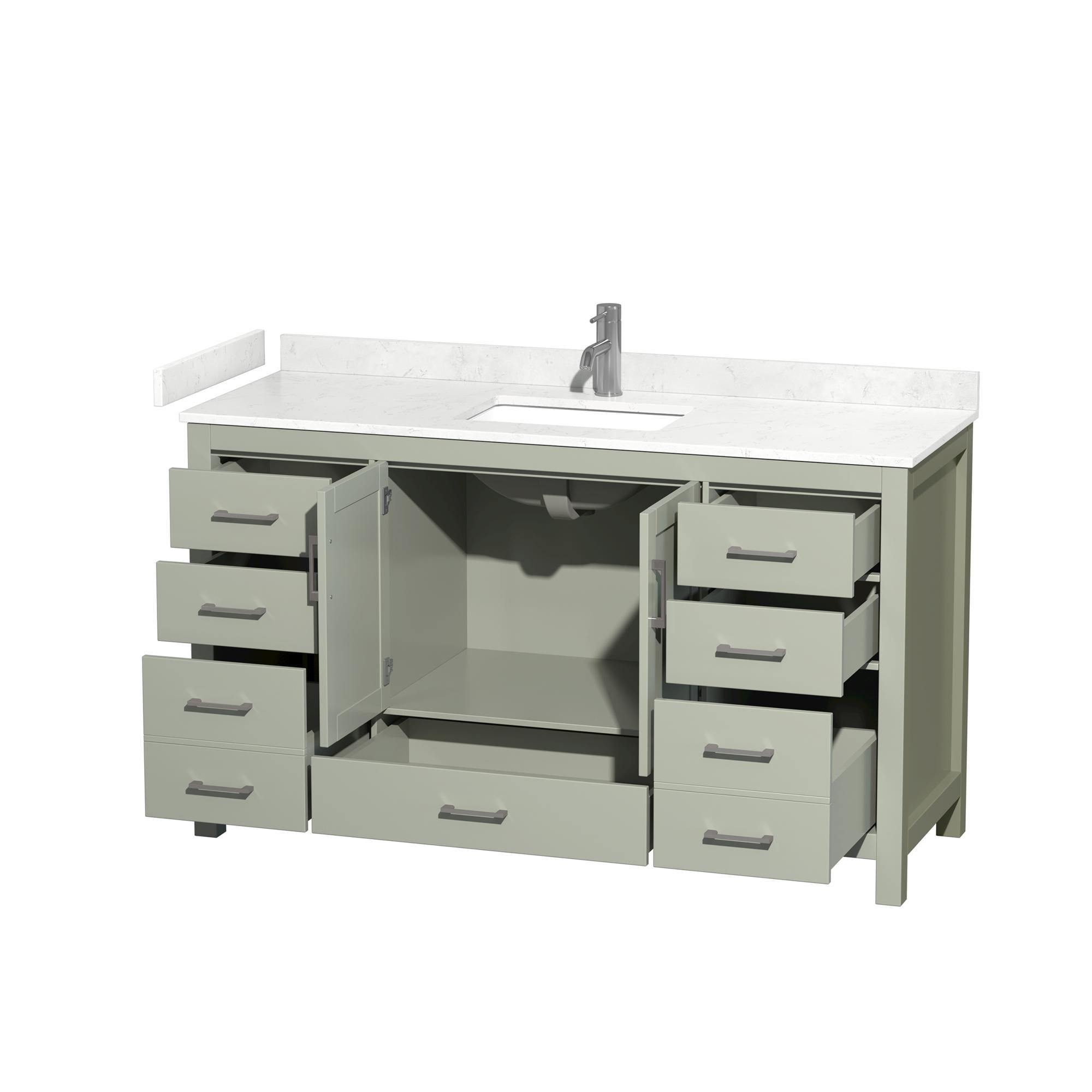 60 in. Sheffield Single Bathroom Vanity with Carrara Cultured Marble Countertop, Undermount Square Sink & Brushed Nickel Trim - Light Green