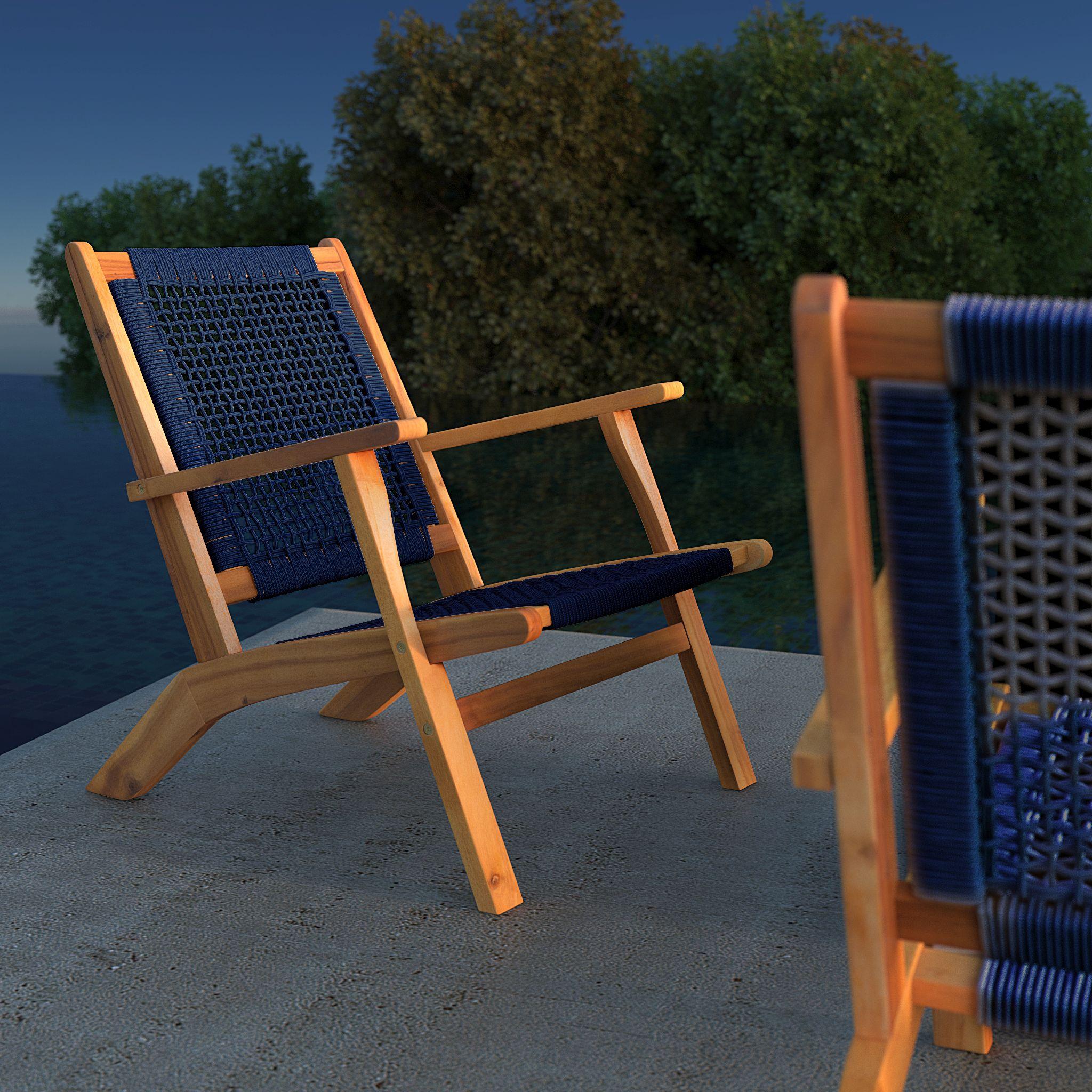 Balkene Home Patio Sense Vega Natural Stain Chair ,Acacia Wood Construction ,Woven Web Seat- Navy Blue Cording