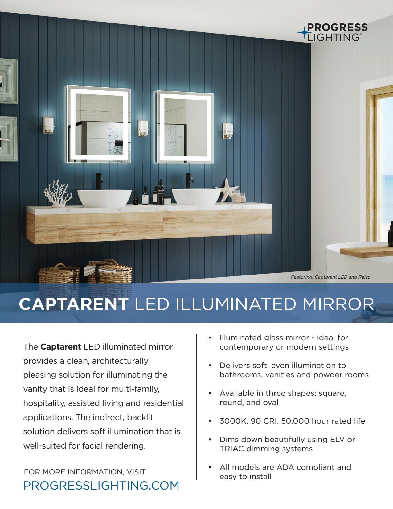 Progress Lighting Captarent 1-Light LED Illuminated Bathroom Mirror, White, Frosted LED Shade
