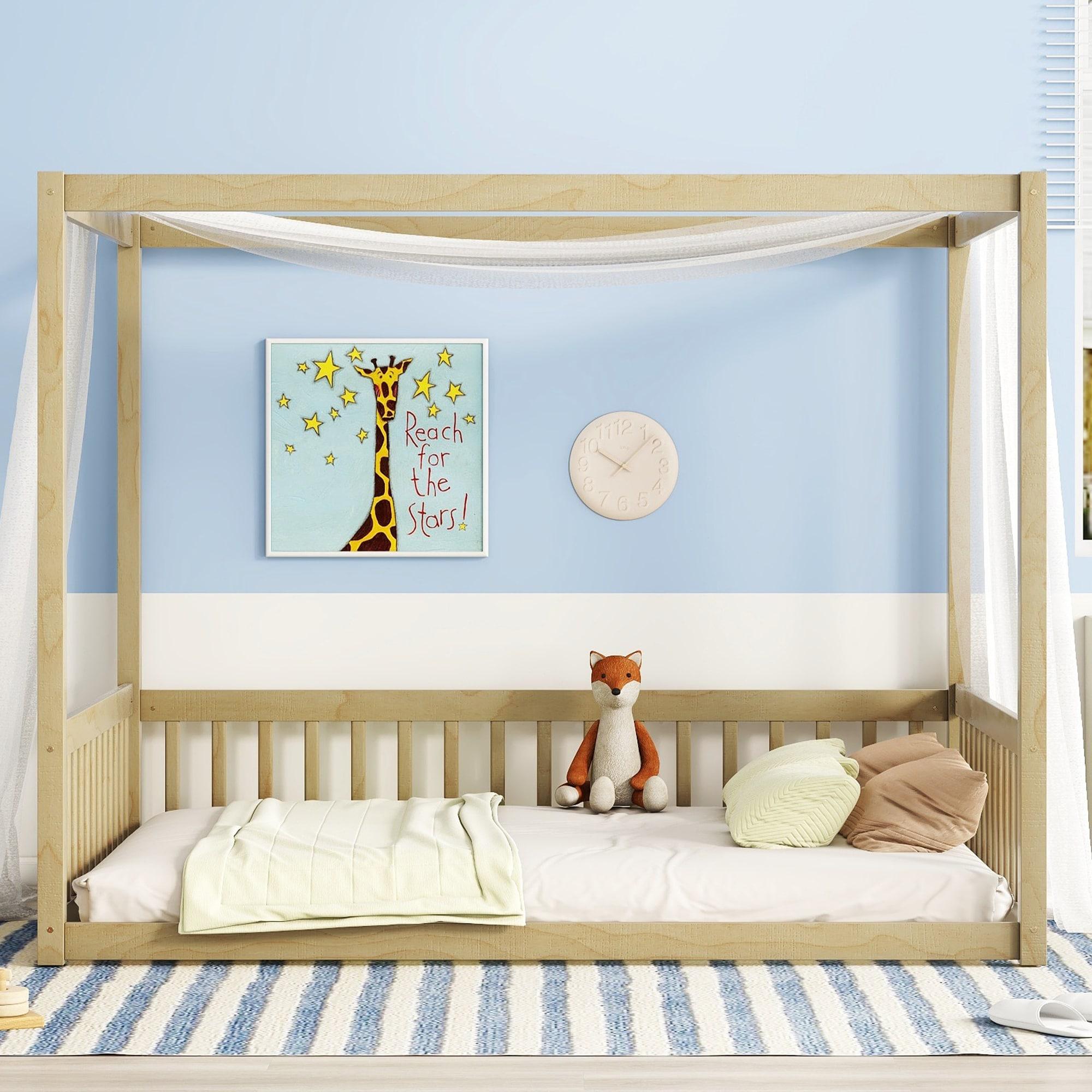 Canopy Frame Twin Size Floor Bed for Kids Bedroom,Wood Bed Frame with Fence for Boys/Girls/Teens,No Box Spring Needed,Natural