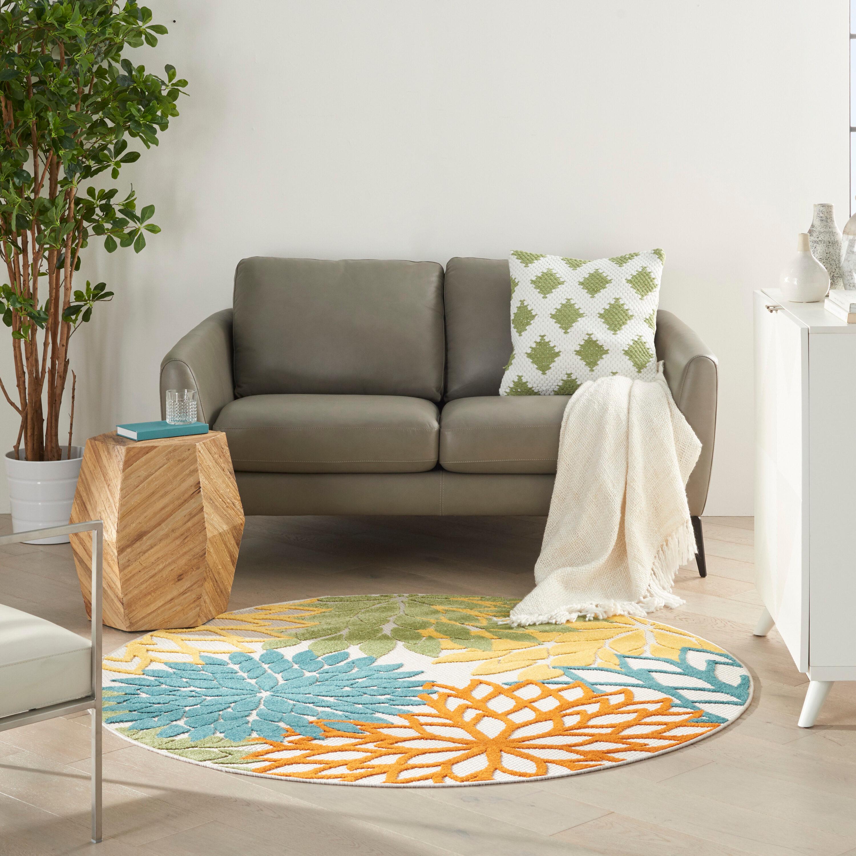 Nourison Aloha Floral Bloom Flatweave High-Low Indoor Outdoor Round Rug Turquoise Multicolor 4' x 4'