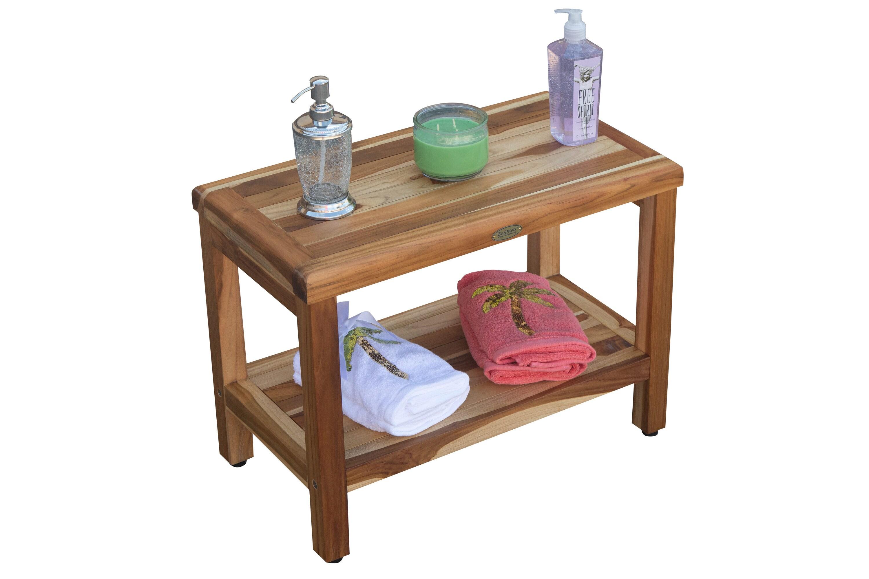 24" Eleganto ED1001 Wide Teak Shower Bench with Shelf - EcoDecors