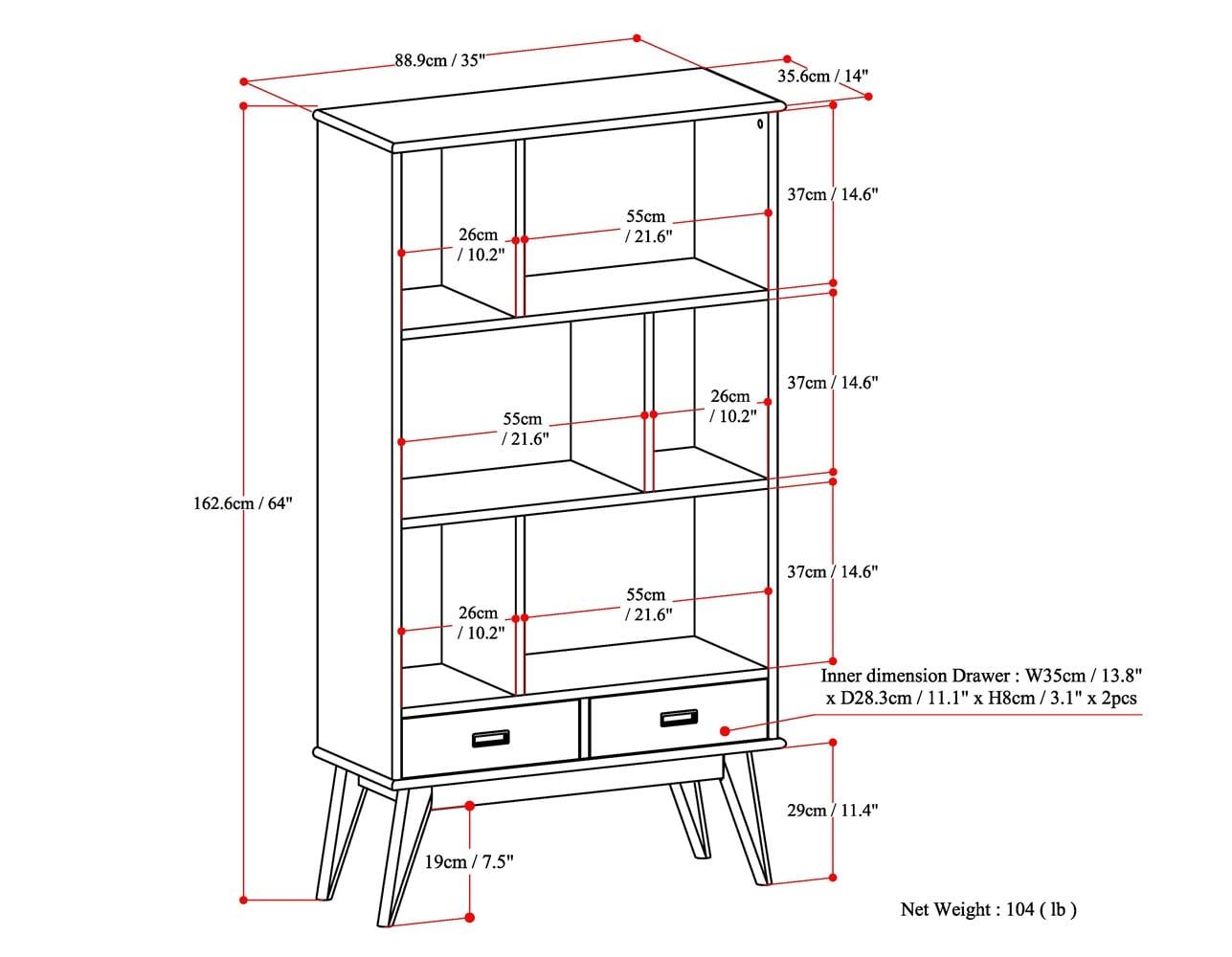 Simpli Home Draper 35"W Solid Hardwood 6 Shelf Compartment Mid-Century Modern Wide Bookcase with 2 Drawers