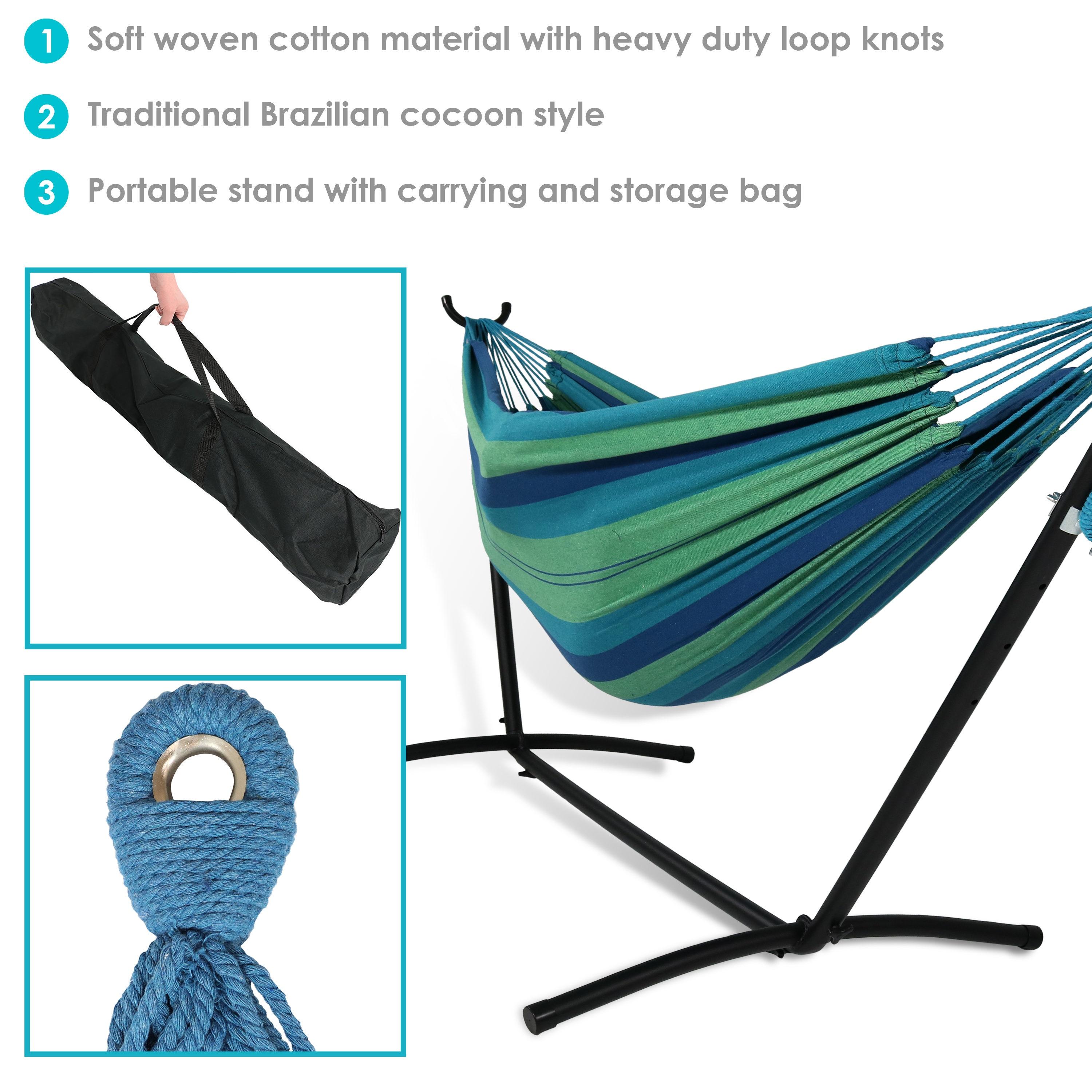 Sunnydaze Indoor/Outdoor Portable Brazilian Double Hammock with Stand and Carrying Pouch - 400 lb Weight Capacity - Beach Oasis
