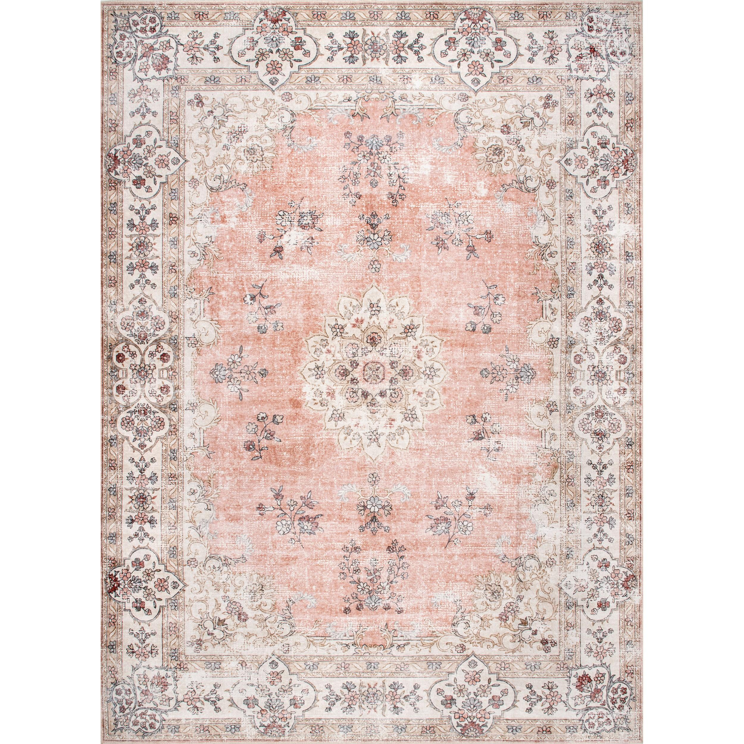 Nuloom Ren Medallion 6 Square Machine Washable Indoor Area Rug for Living Room Bedroom Dining Room Kitchen, Peach/Ivory