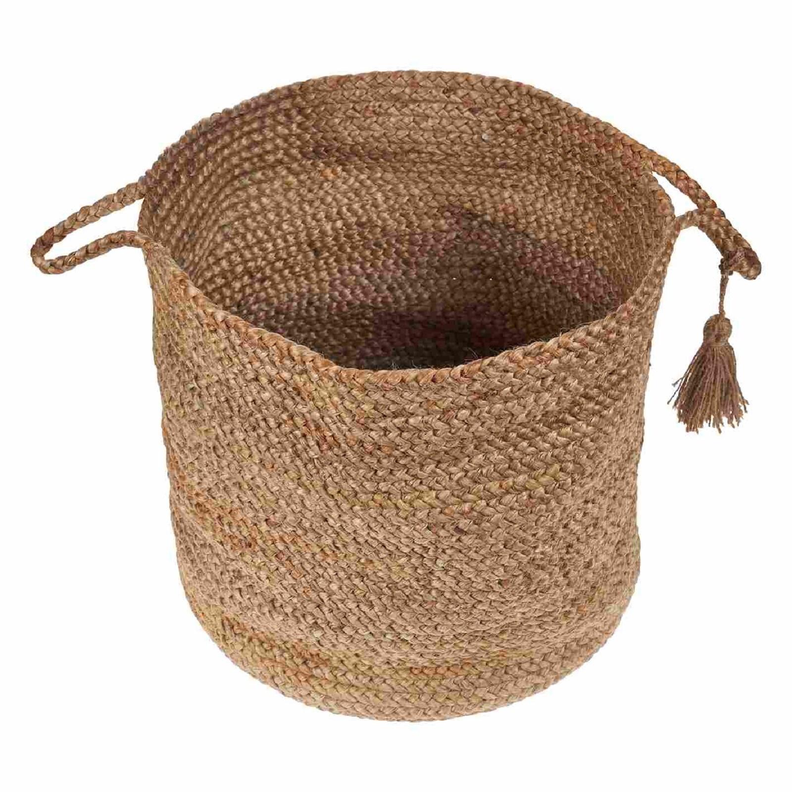 LR Home Braided Round Jute 17" Storage Basket with Handles, Natural/Tan Solid