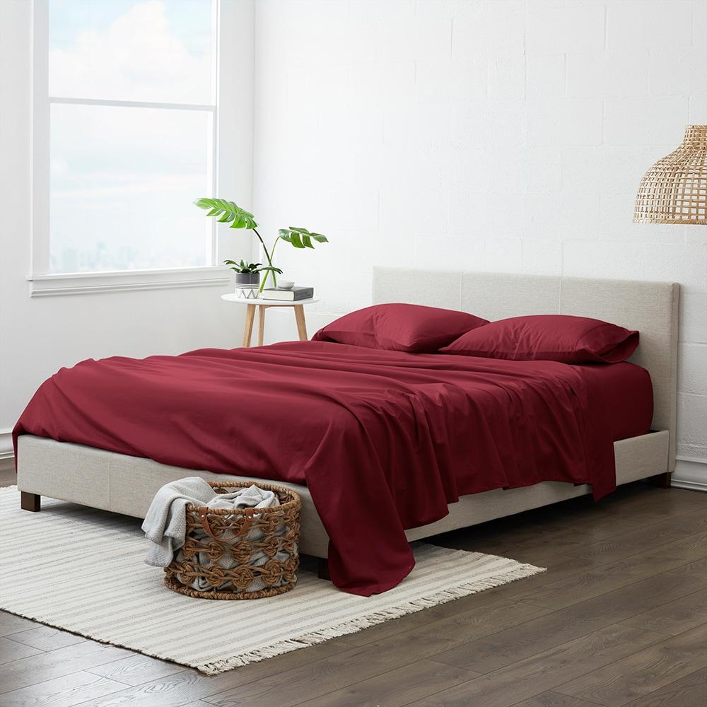 4-Piece Burgundy Solid Microfiber 300 Thread Count Queen Sheet Set