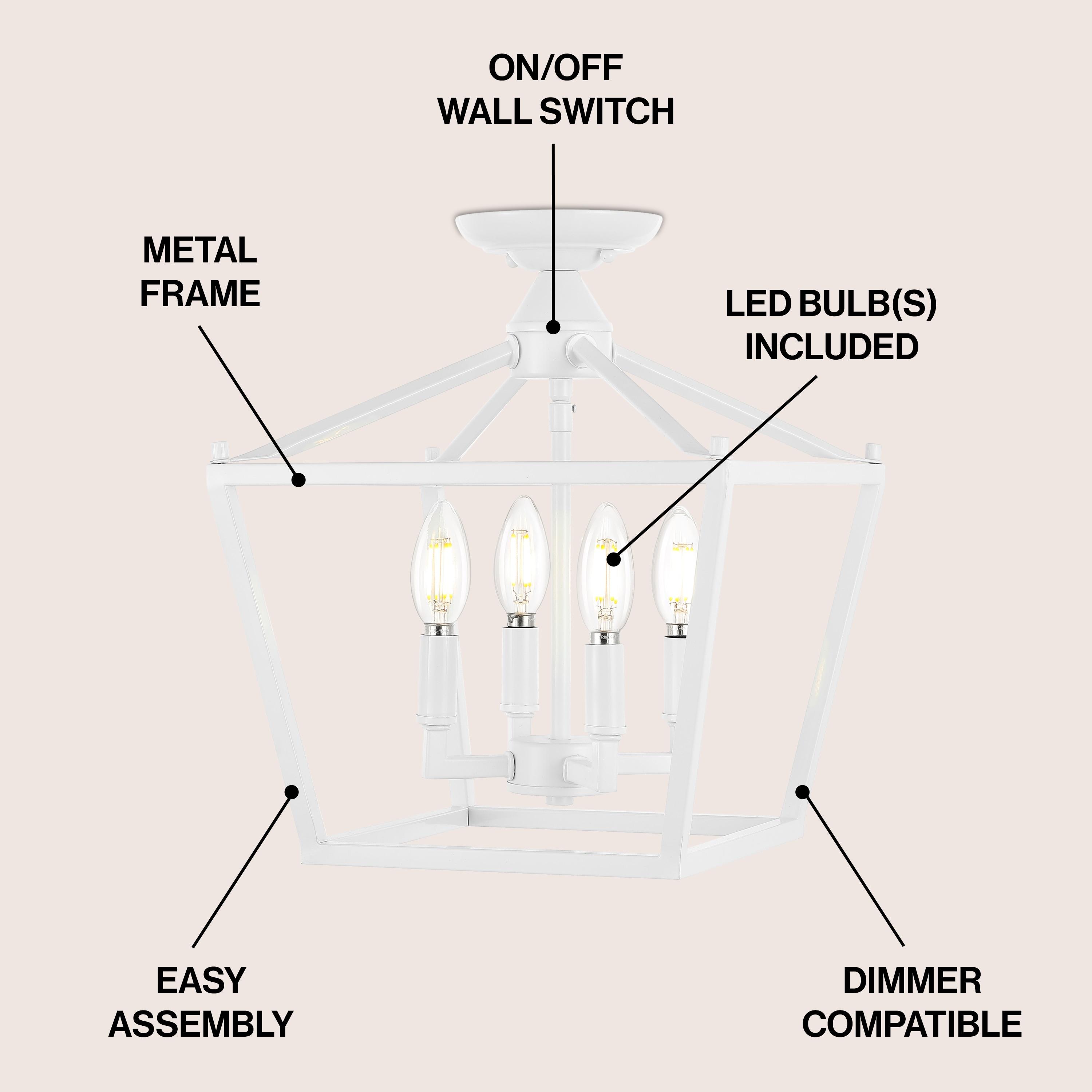 Plains Mini Lantern 12 in. 4-Light Iron Modern Farmhouse LED Flush Mount, White