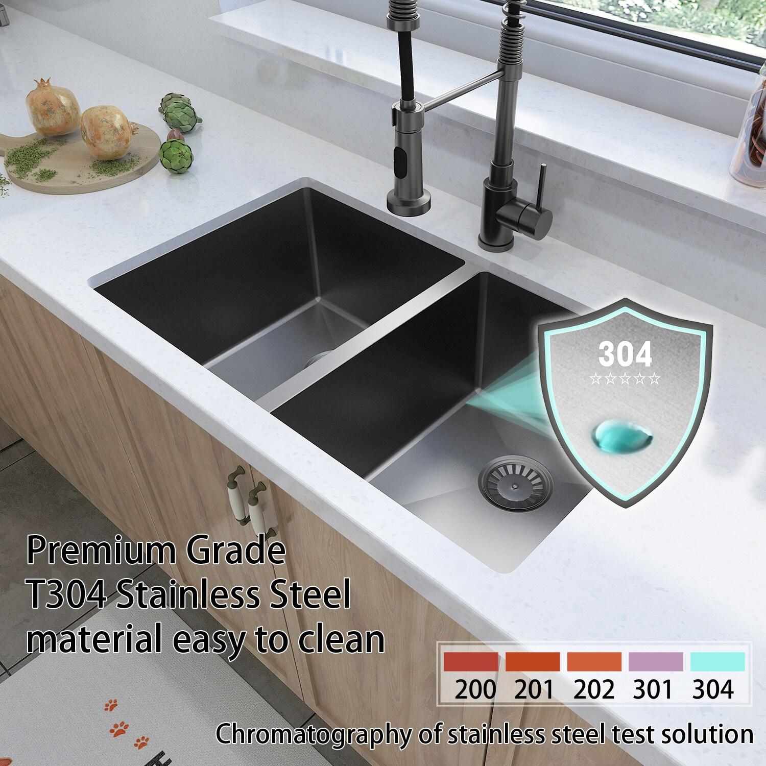 Sinber  Undermount Double Bowl 304 Stainless Steel Kitchen Sink 32" x 19" x 10"(18 Gauge Sink Only) - Black