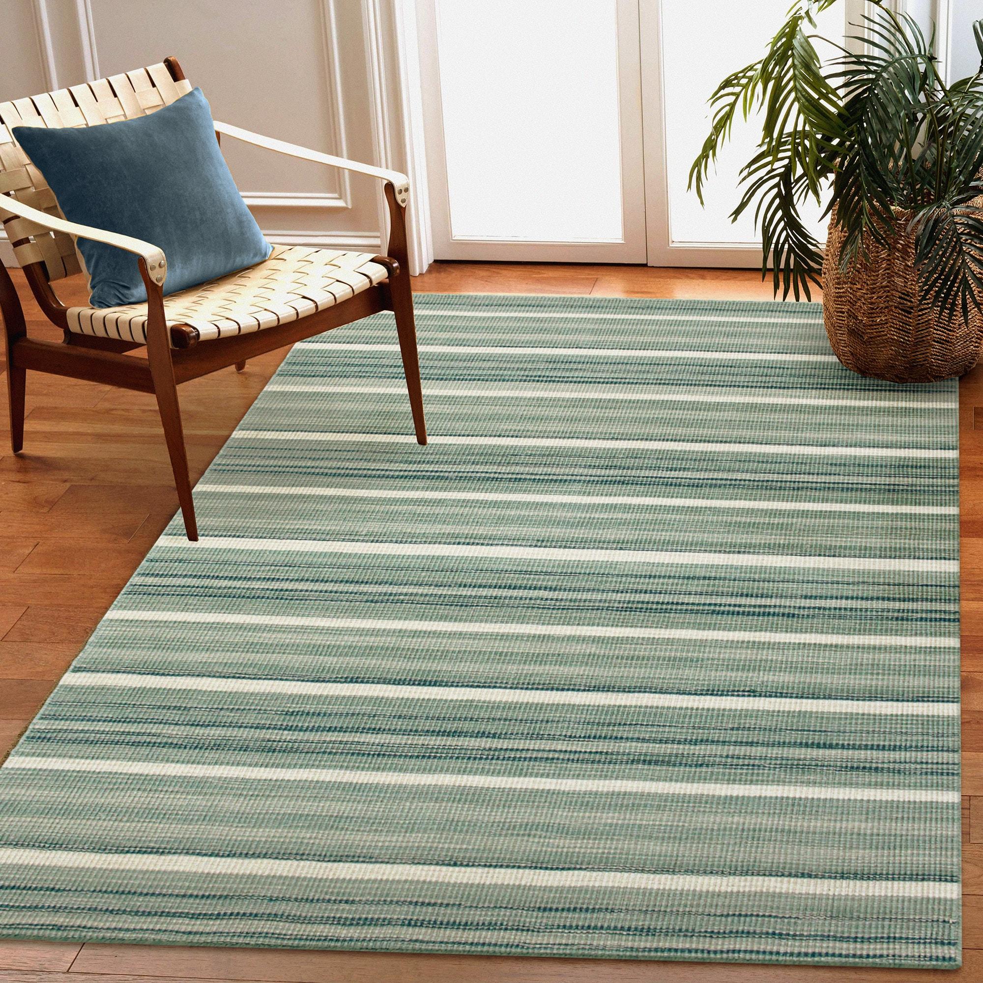 Satsuma Striped Handmade Hand-Loomed Wool Aqua Area Rug