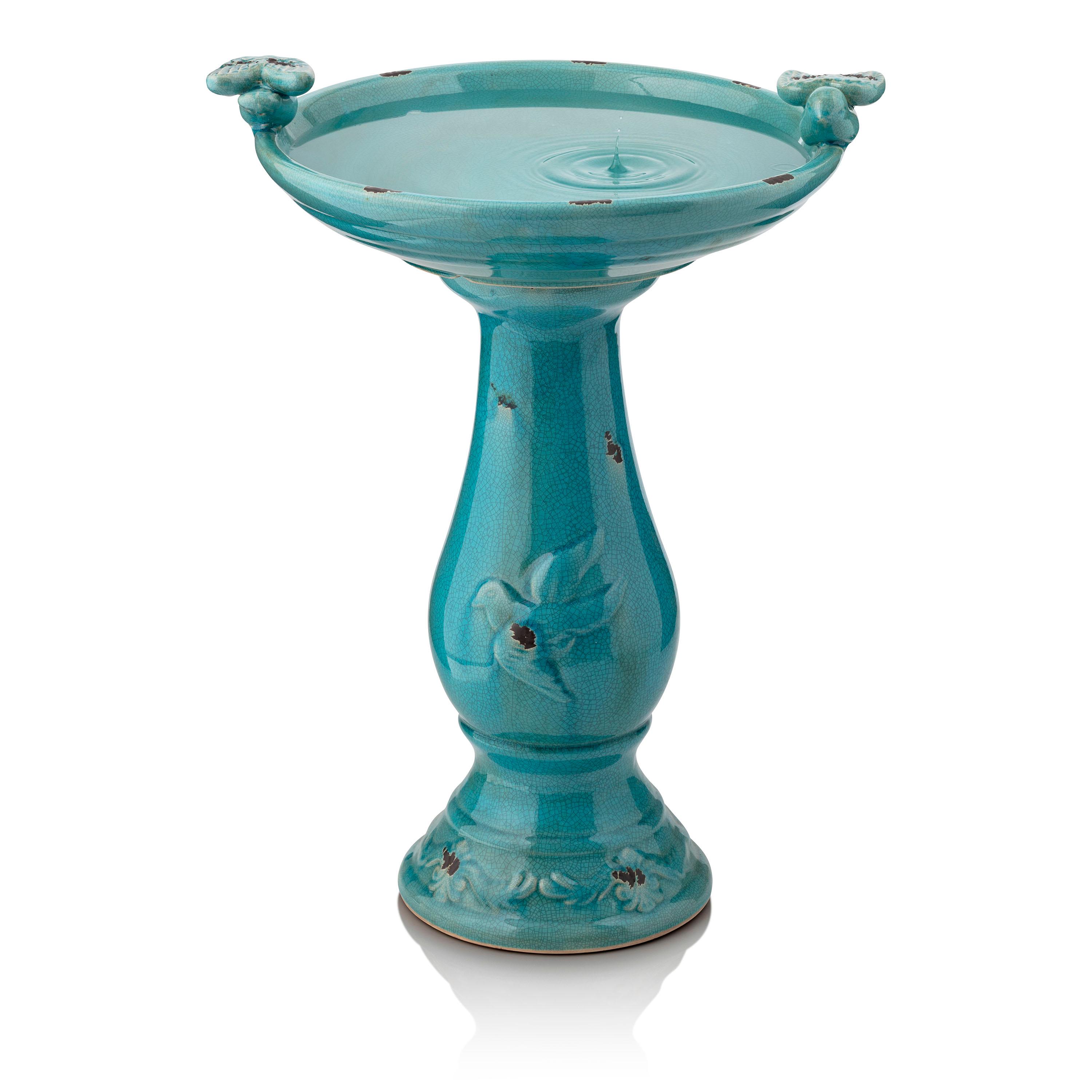 Alpine Corporation Ceramic Pedestal Bird Bath with Bird Figurines, Turquoise