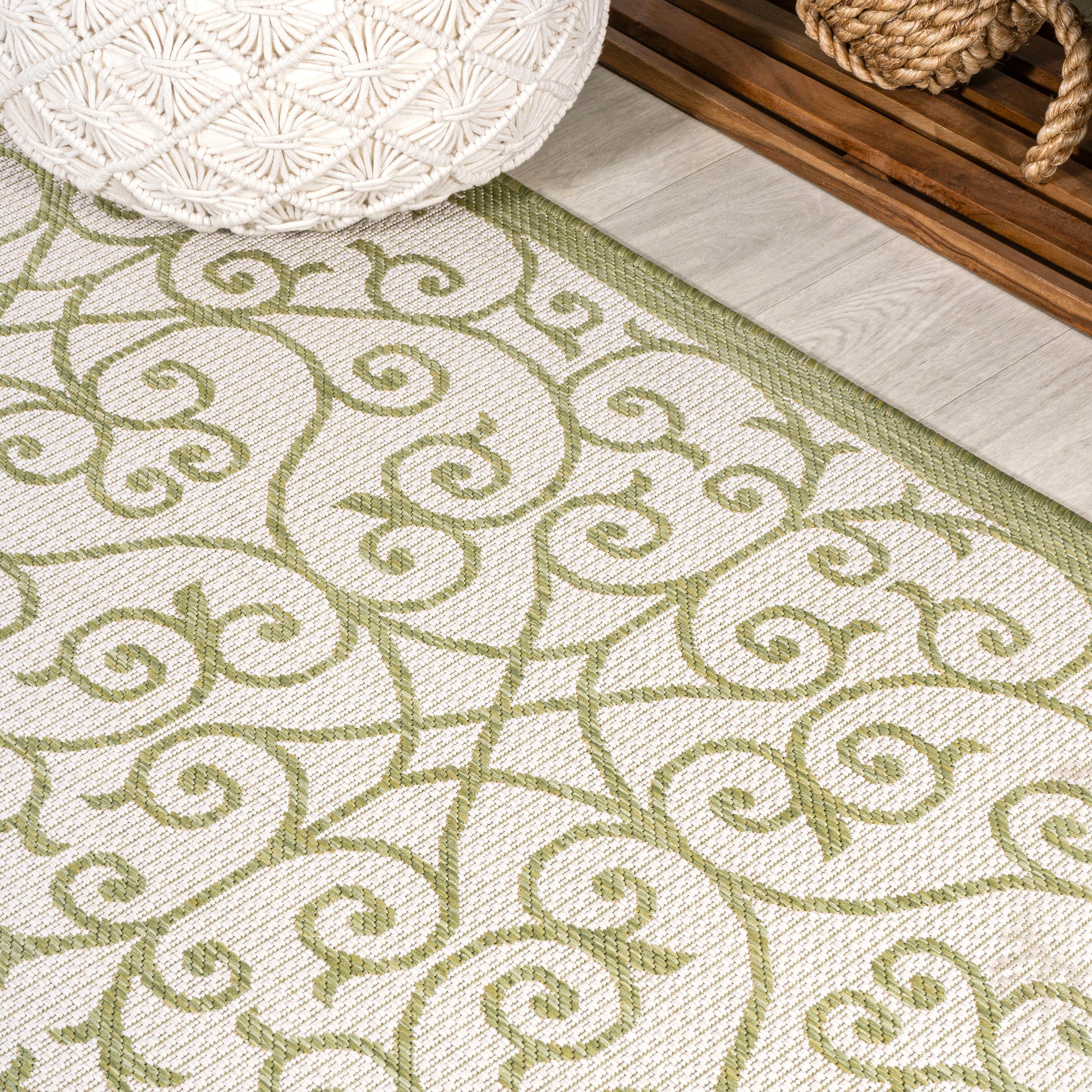 2' x 10' Madrid Vintage Filigree Textured Weave Indoor/Outdoor Runner Rug, Green/Cream - JONATHAN Y