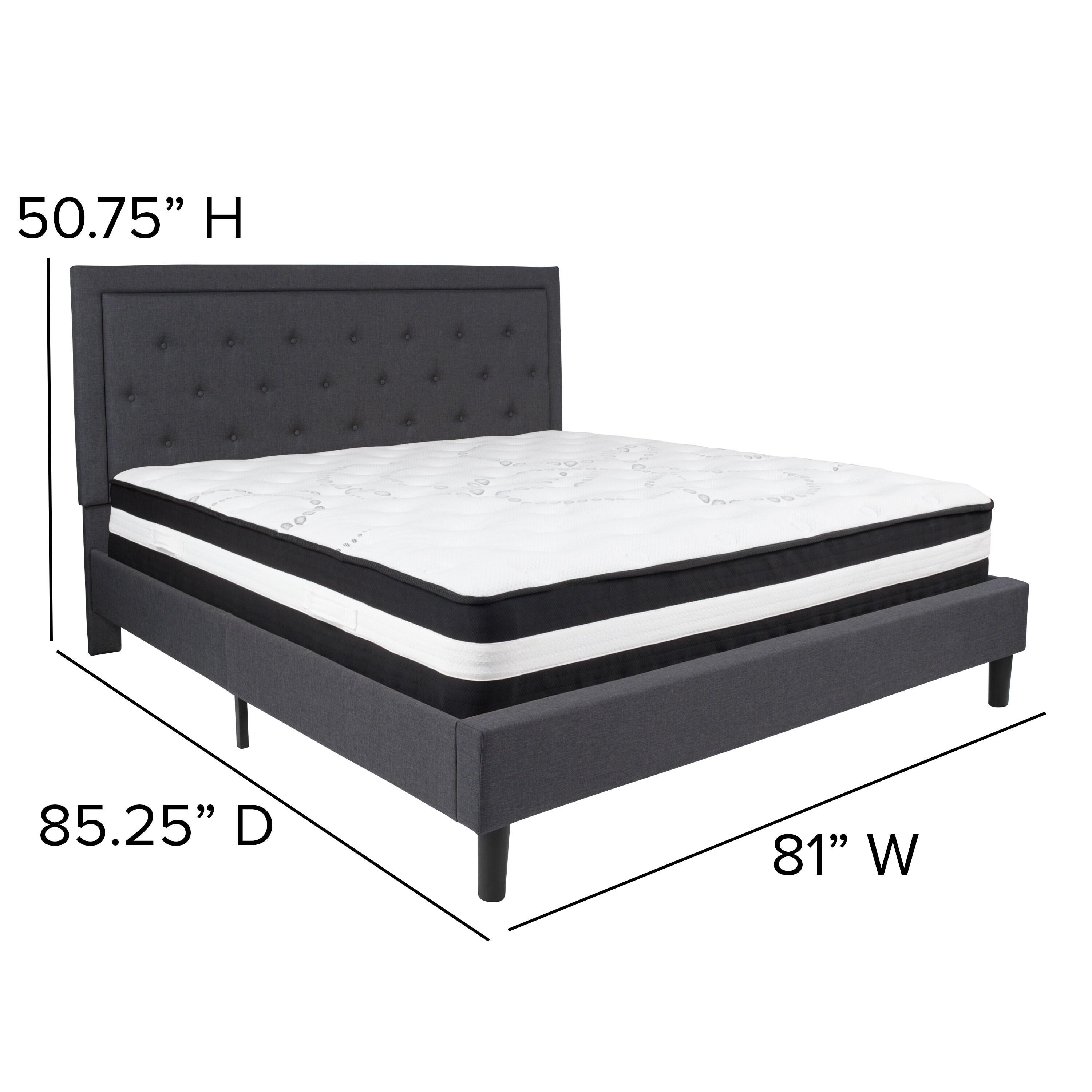 Flash Furniture Roxbury King Size Tufted Upholstered Platform Bed in Dark Gray Fabric with Pocket Spring Mattress