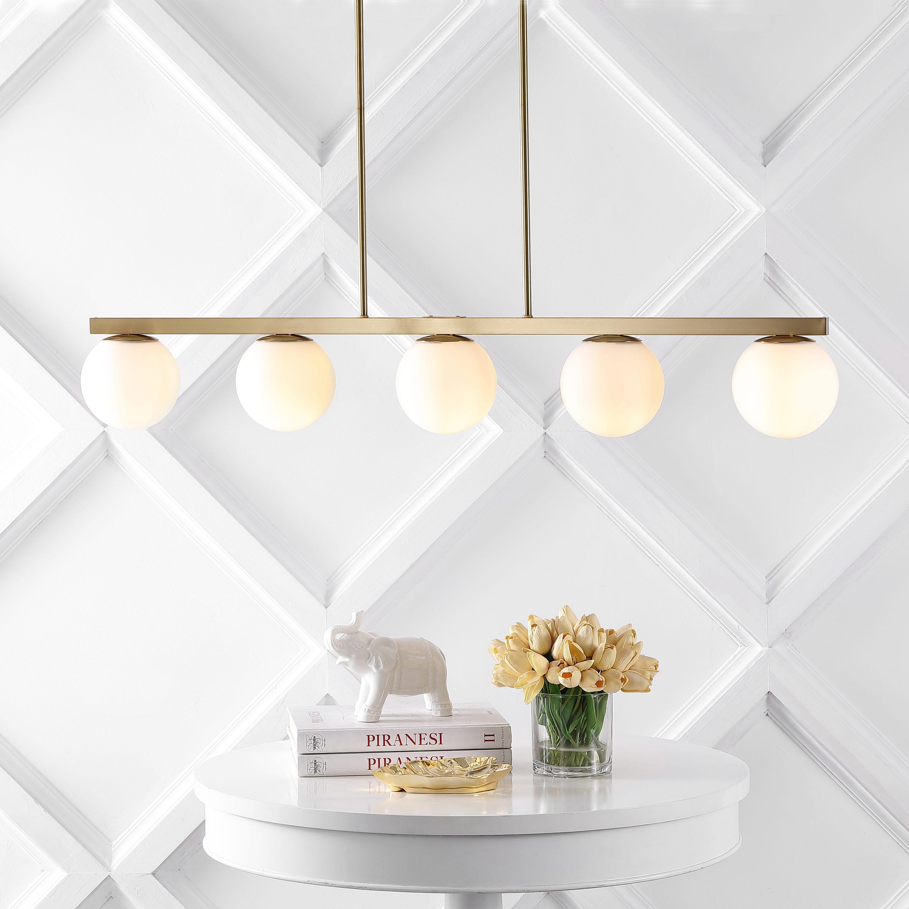 JONATHAN Y Luca Parisian 45.5" 5-Light Modern Glam Iron Globe Linear LED Pendant, Brass Gold/White