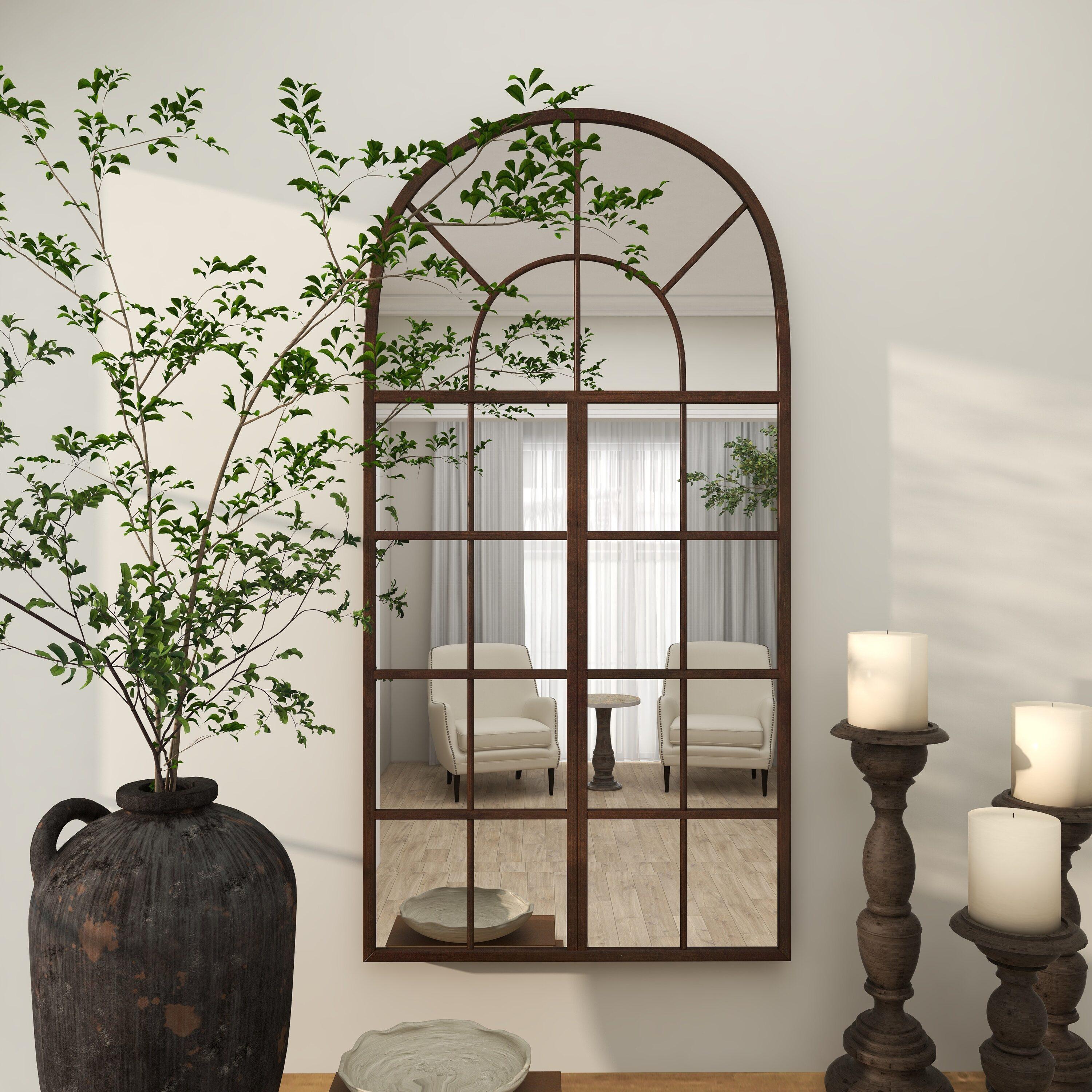 DecMode 24" x 48" Brown Window Pane Inspired Wall Mirror with Arched Top