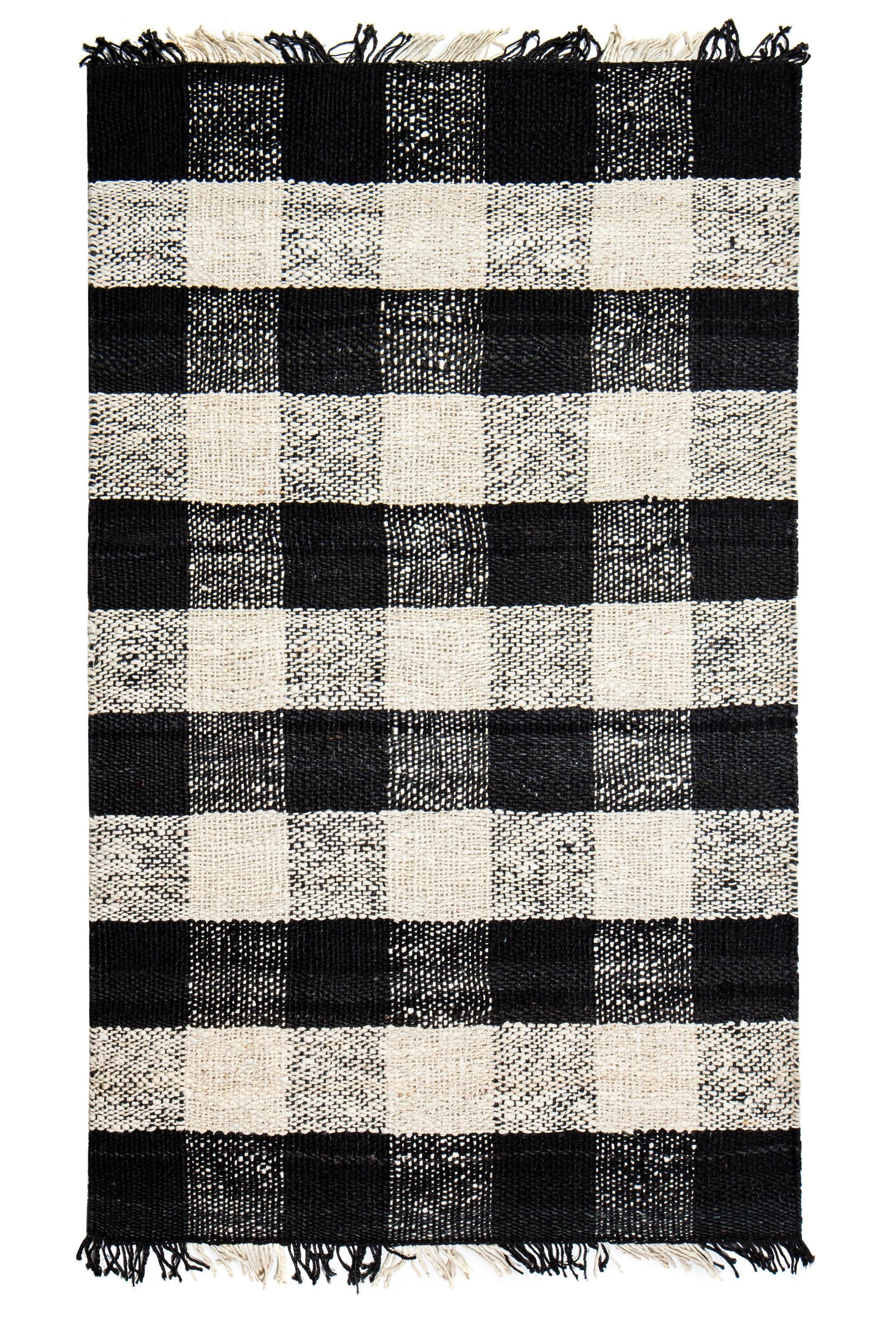 Black Check Loomed Area Rug 5'X7' - Anji Mountain: Handmade Jute Flatweave, Farmhouse Style, Fair Trade Certified