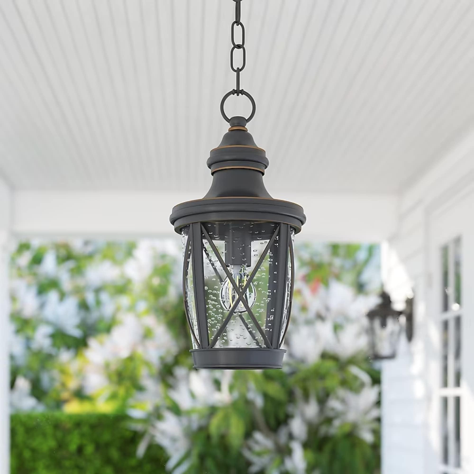 allen + roth Castine Bronze Craftsman Seeded Glass Lantern Led Medium Outdoor Hanging Pendant Light