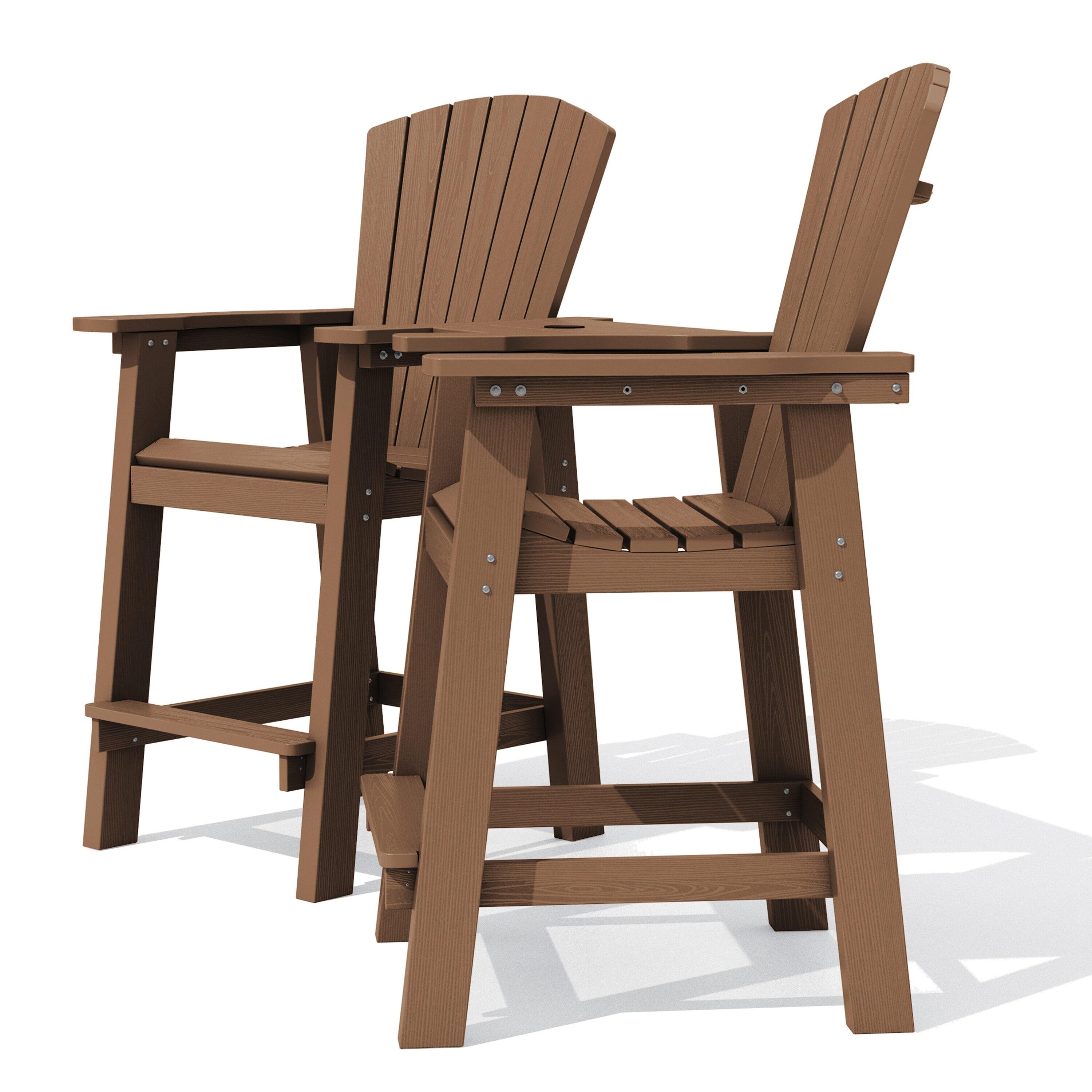 JUSTLET Tall Plastic Adirondack Chair Set of 2 W/ Outdoor Barstools and Connecting Tray, Brown