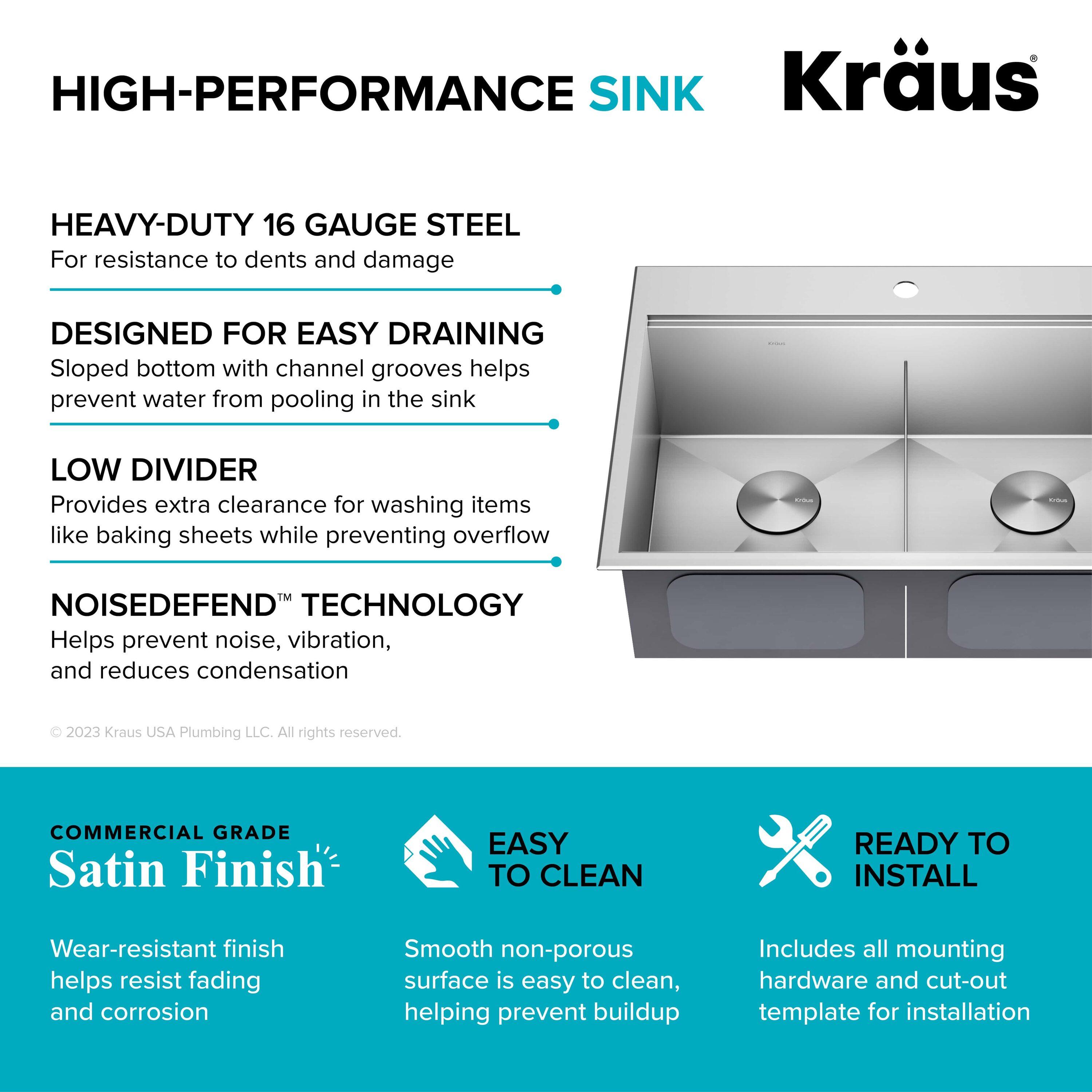 KRAUS Kore™ 30" L Drop-In Workstation 16 Gauge Stainless Steel Double Bowl Kitchen Sink with Accessories