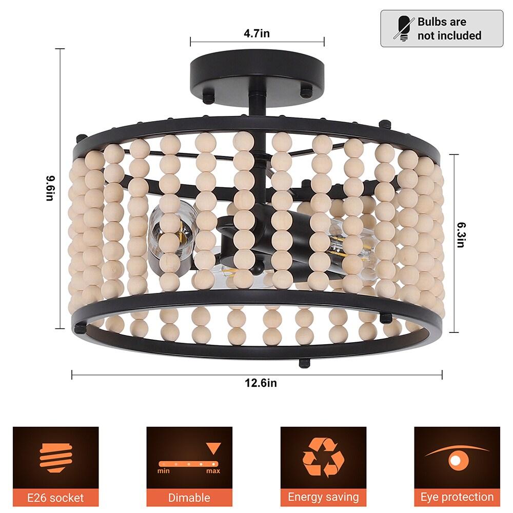 GoYeel Semi Flush Mount Ceiling Light Fixtures 3-Light Wooden Beaded Chandeliers Farmhouse Black