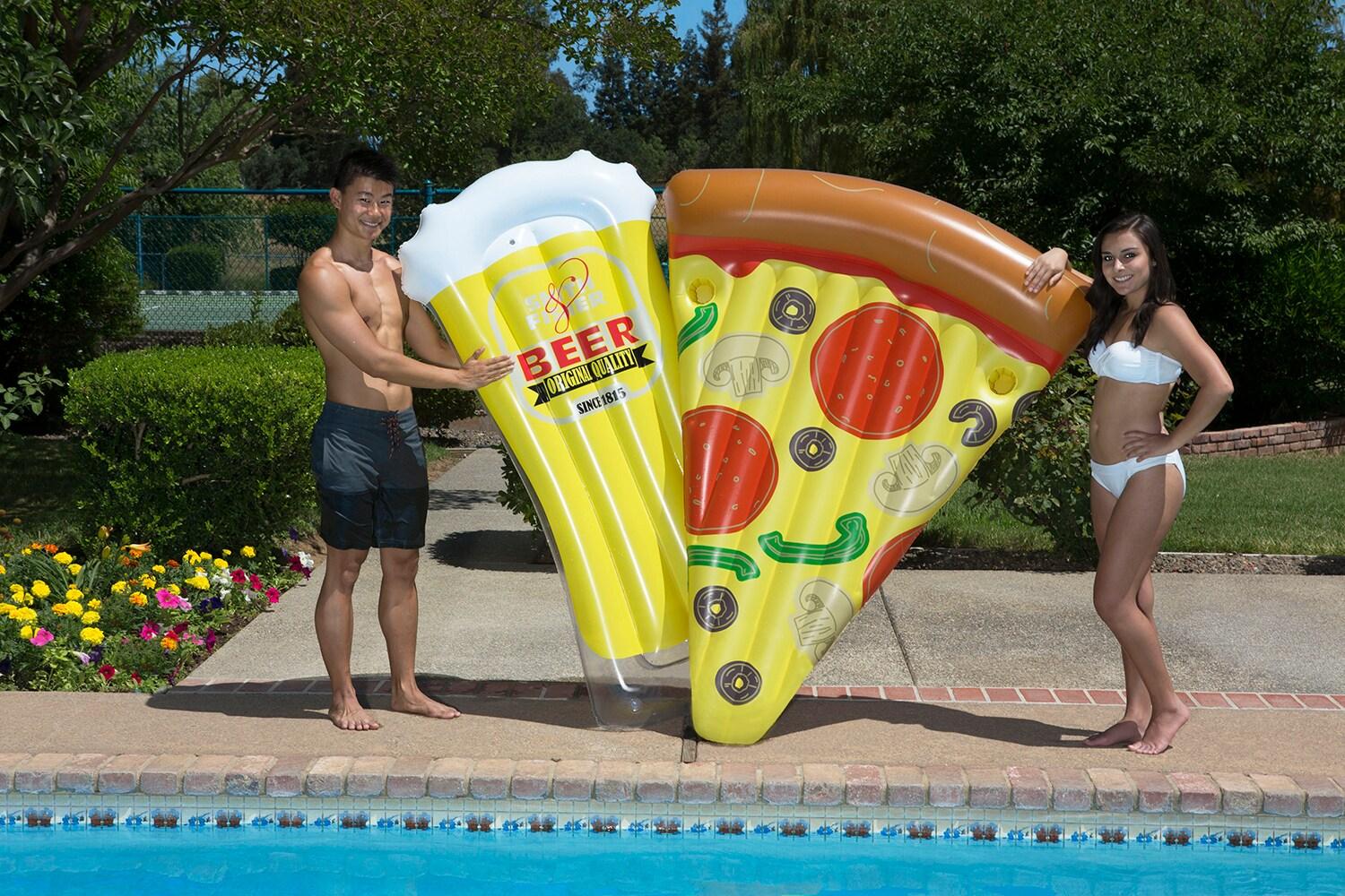 Poolmaster Inflatable Swimming Pool Mattress Floats with Slice O' Pizza and Beer Mug Combo