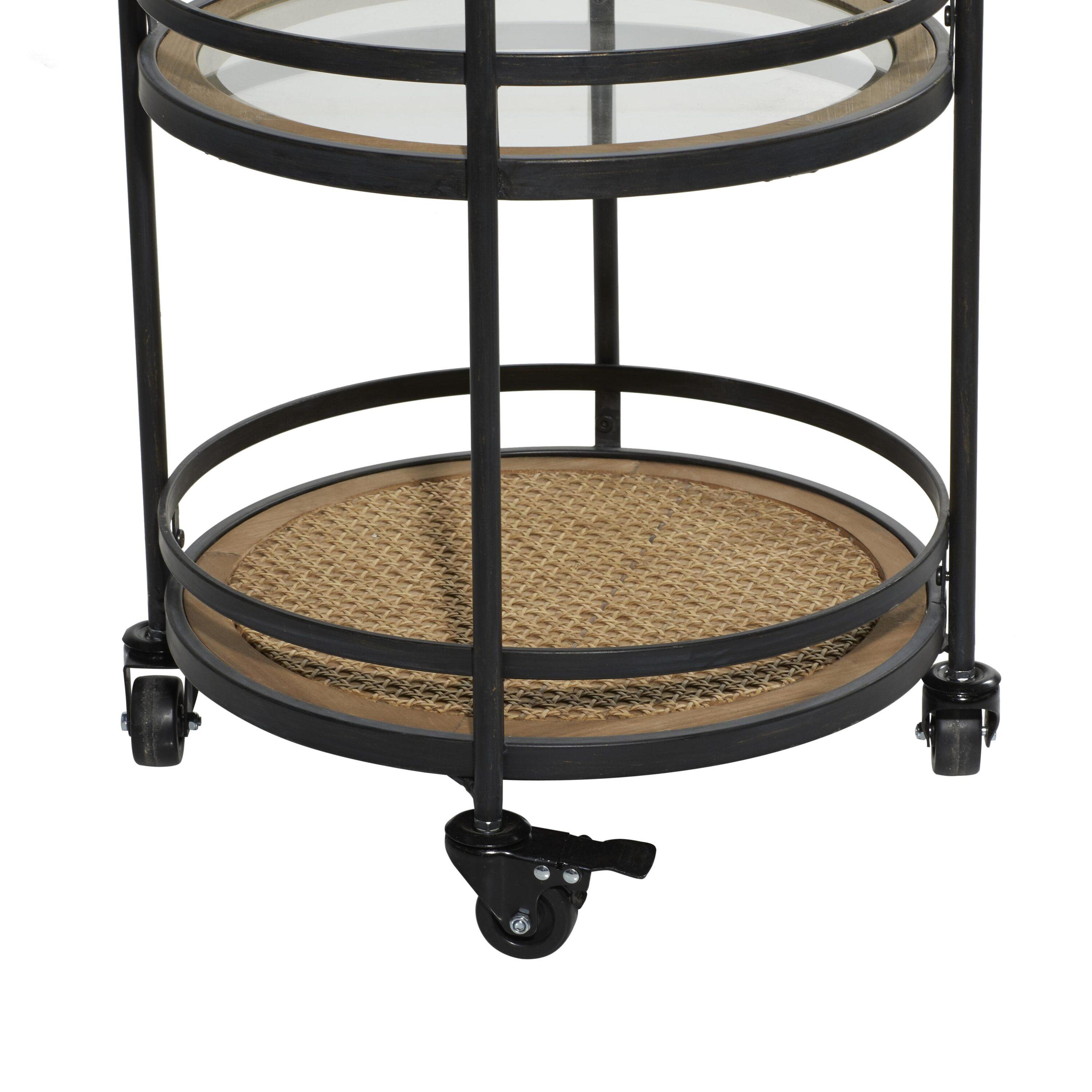 DecMode 21" x 35" Brown Metal Rolling 1 Rattan and 2 Glass Shelves Bar Cart with Handles, 1-Piece