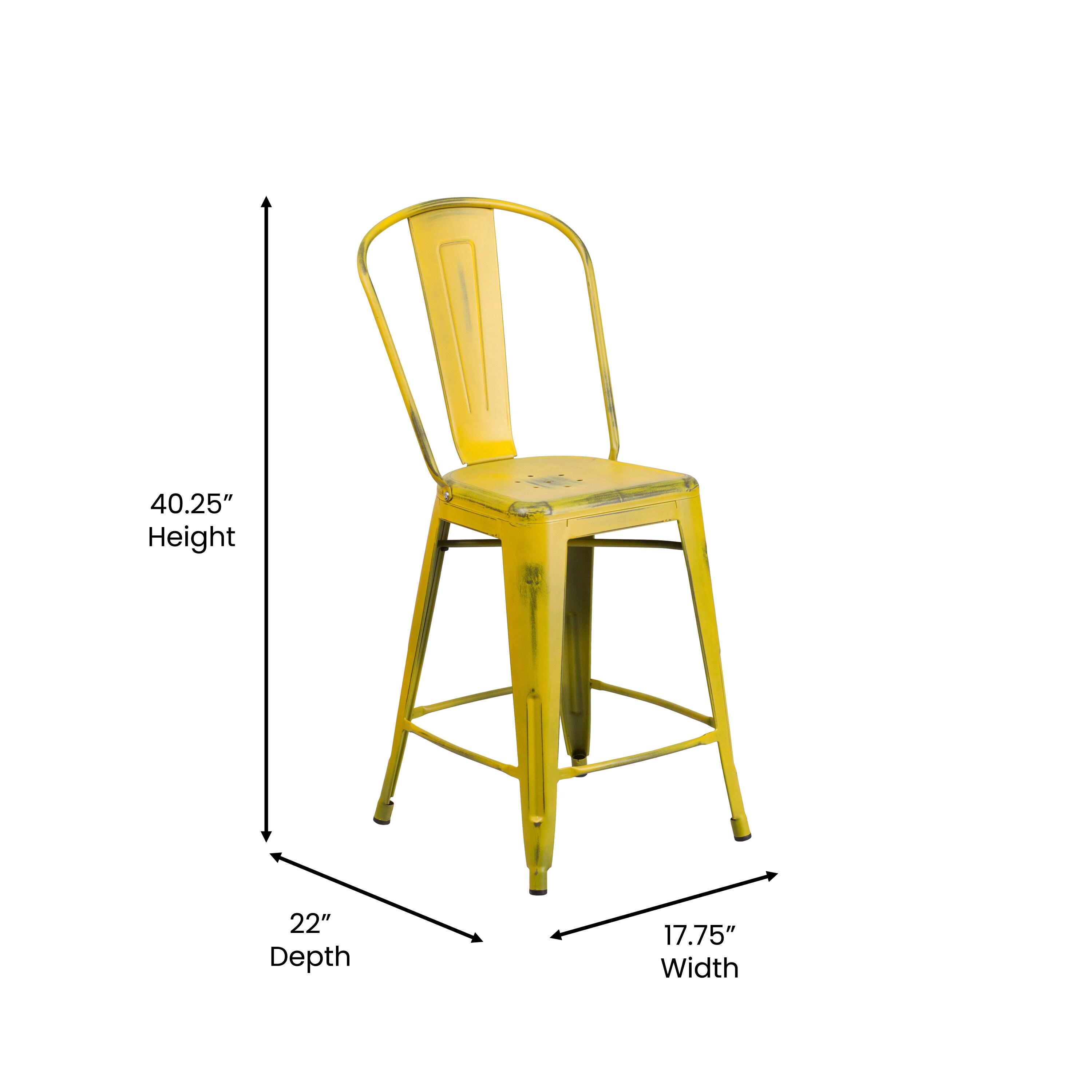 Flash Furniture Commercial Grade 24" High Distressed Yellow Metal Indoor-Outdoor Counter Height Stool with Back