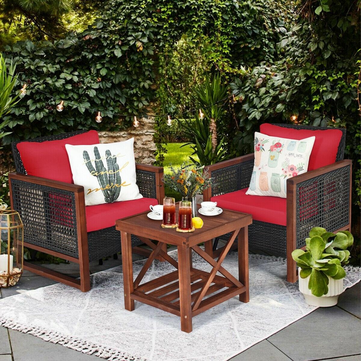 Costway 3PCS Patio Wicker Furniture Set Solid Wood Frame Cushion Sofa w/ Square Table Shelf Red