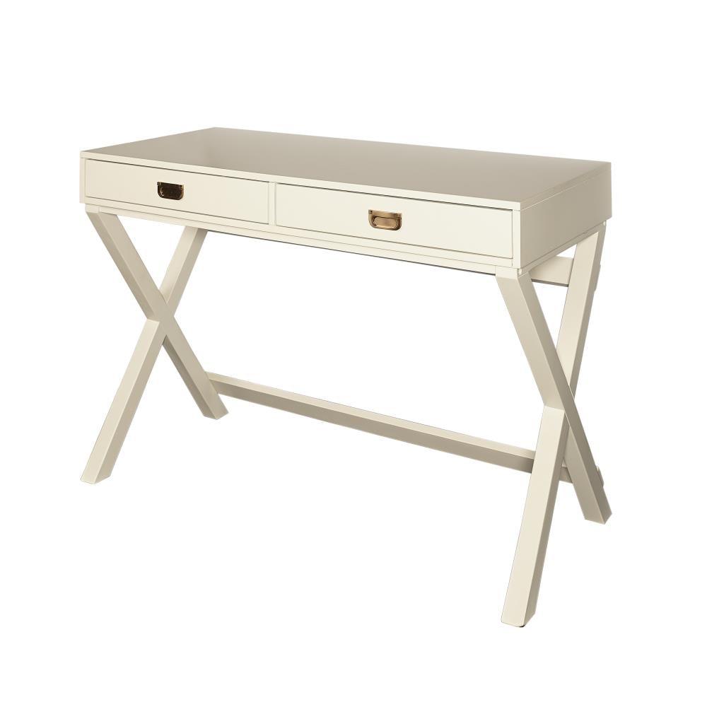 Linon Peggy Transitional Campaign Wood Writing Desk with Drawers White : Pine Frame, MDF Surface, Metal Hardware