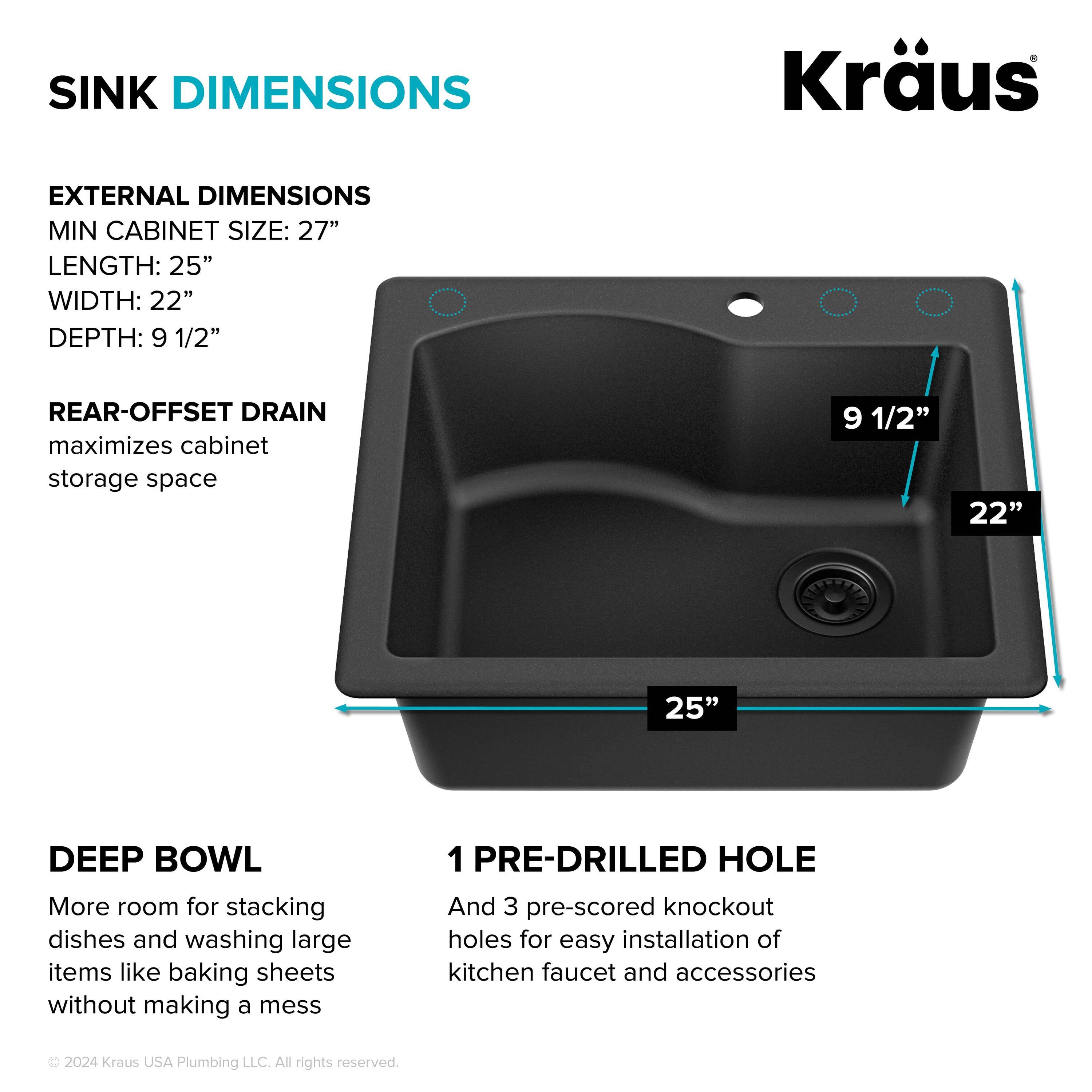KRAUS Quarza™ 25" L Dual Mount Single Bowl Granite Kitchen Sink