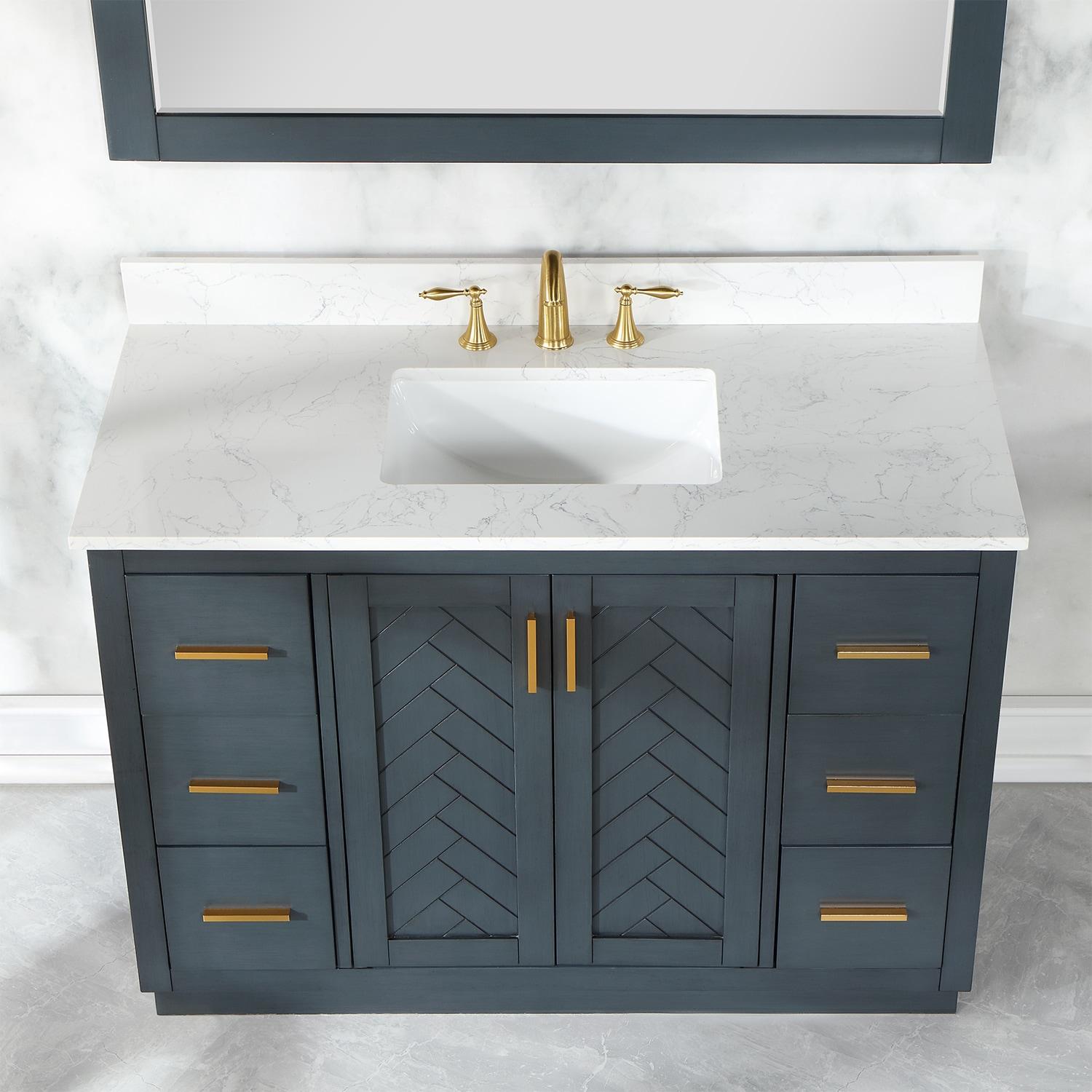 Gazsi 48" Single Bathroom Vanity Set in Charcoal Blue with Grain White Composite Stone Countertop without Mirror