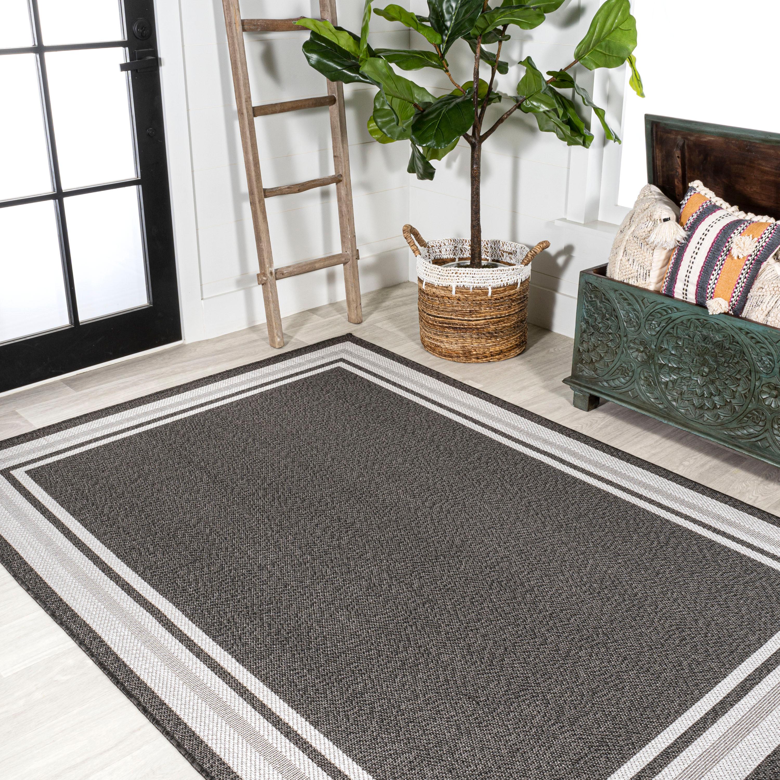 5' x 8' James Modern Border Stripe Indoor/Outdoor Area Rug, Black/Cream - JONATHAN Y