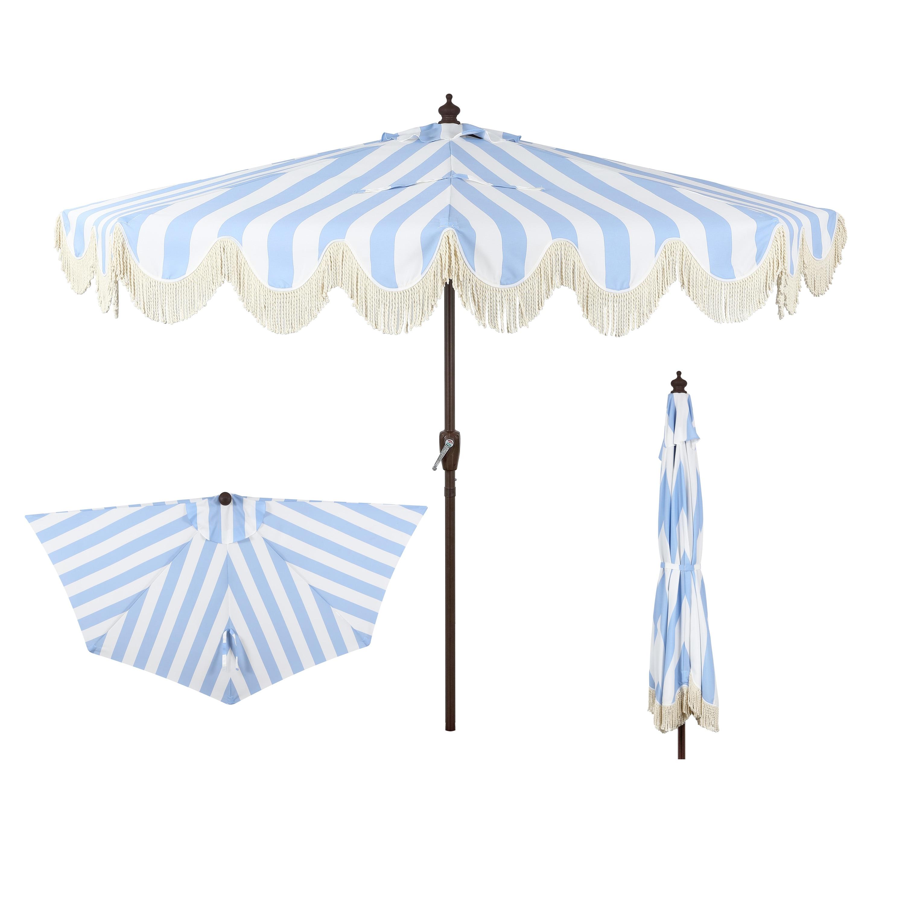 JONATHAN Y Beverly 9 ft. Designer Classic Scalloped Fringe Half Market Patio Umbrella w/ Crank, Push Button Tilt and UV Protection in Light Blue/White