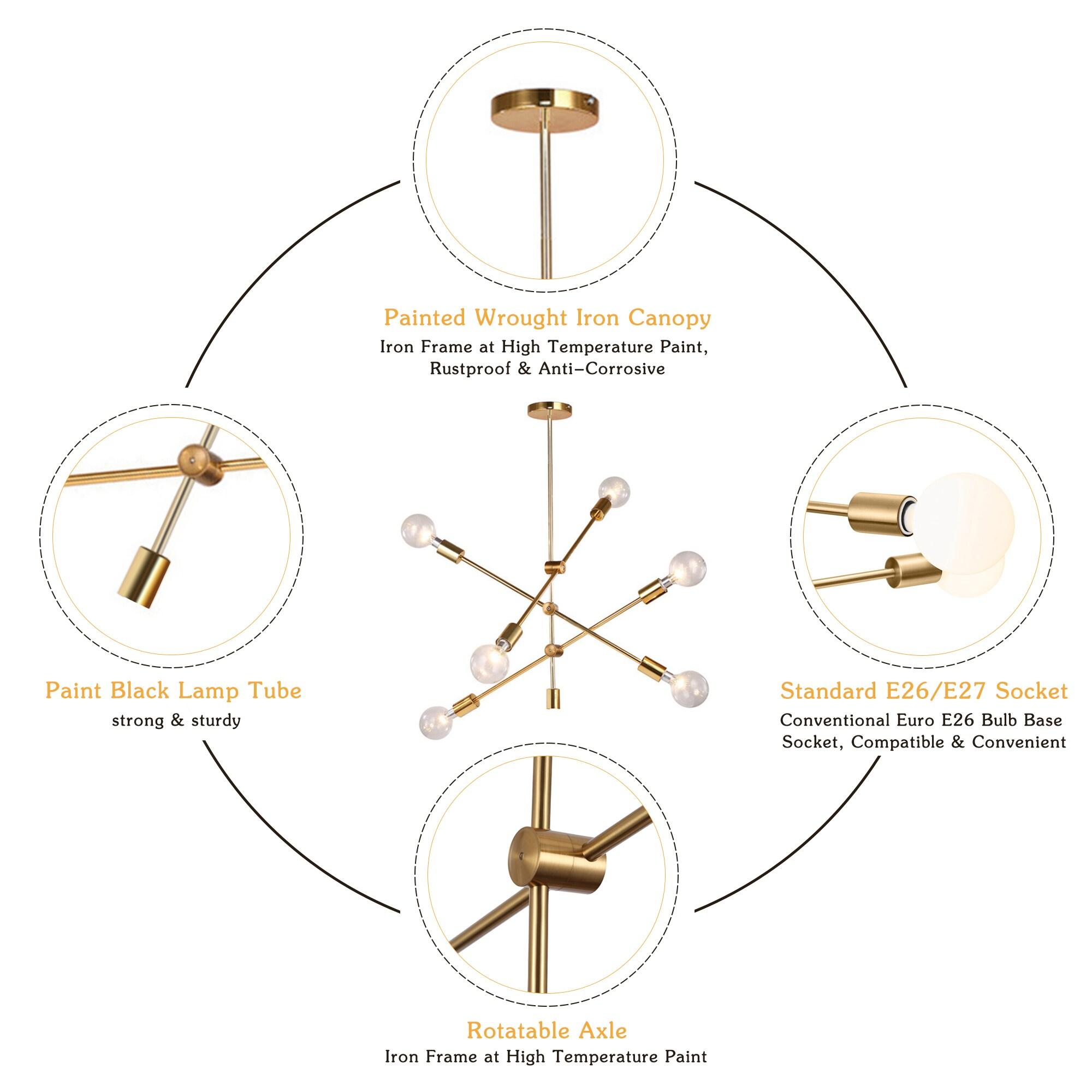 6 Light Sputnik-Inspired Chandelier,Gold Modern Chandelier Pendant Lighting for Kitchen Island Bedroom Living Room