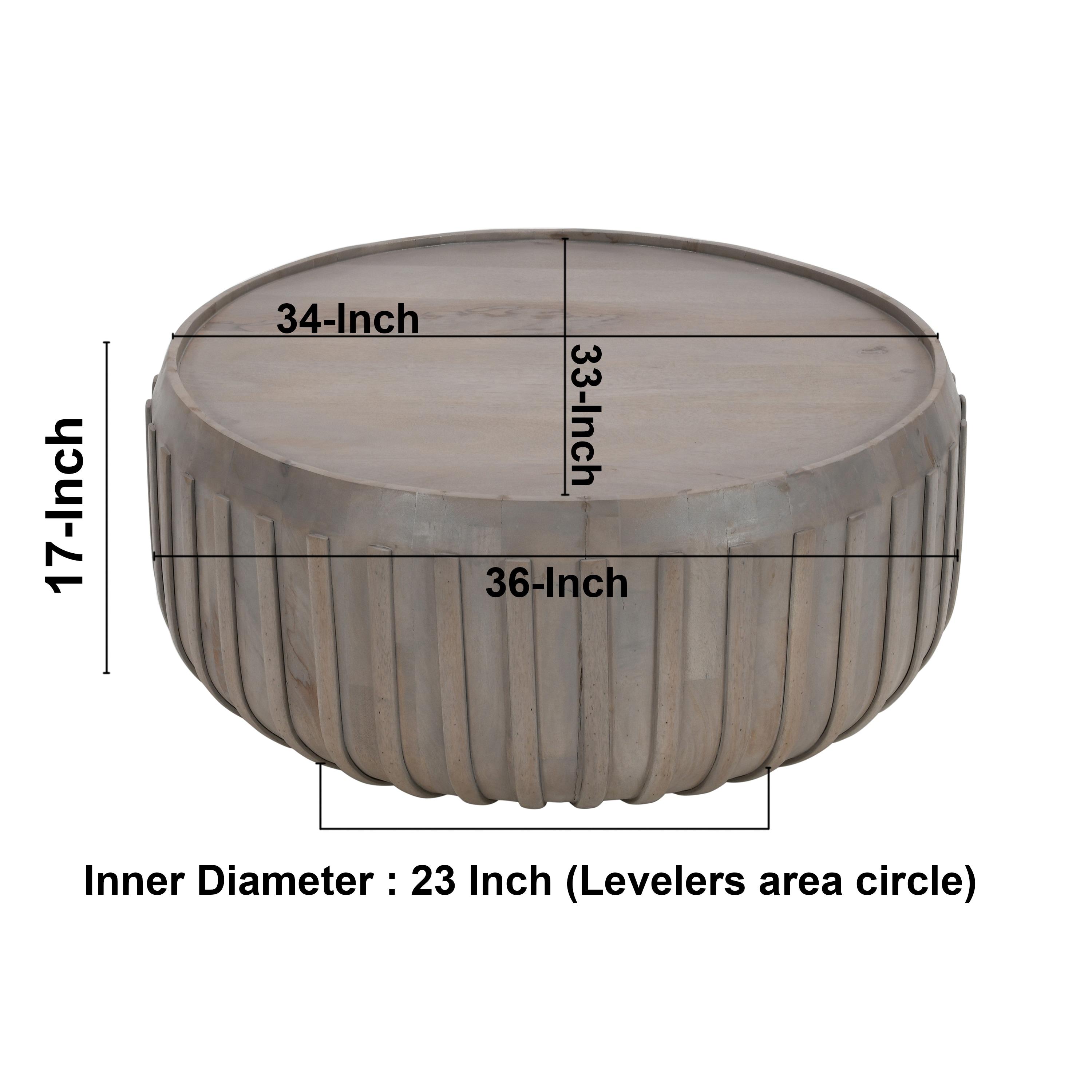 The Urban Port 36" Coffee Table Handcrafted Drum Shape with Ribbed Edges Gray Mango Wood Gray