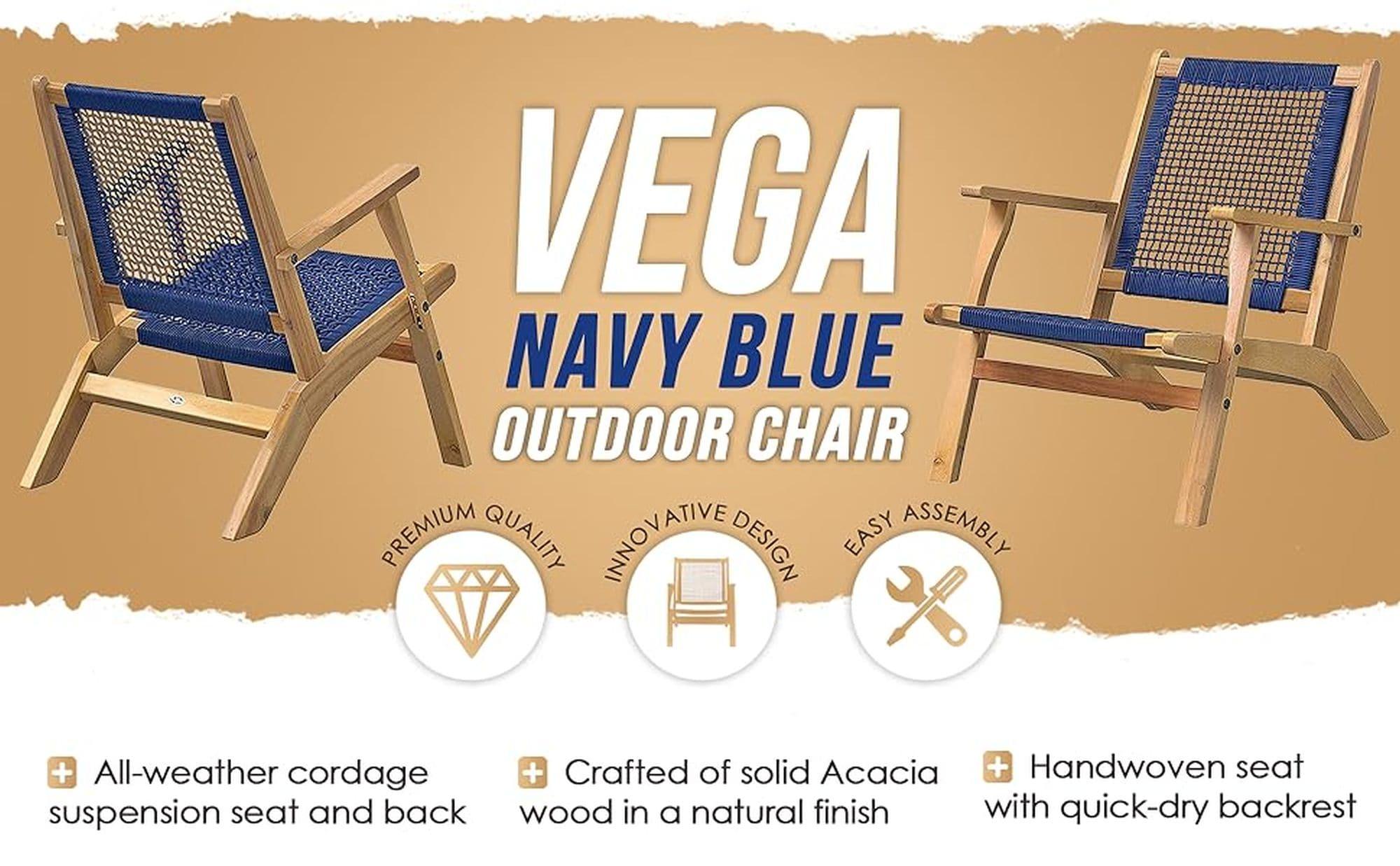 Balkene Home Patio Sense Vega Natural Stain Chair ,Acacia Wood Construction ,Woven Web Seat- Navy Blue Cording